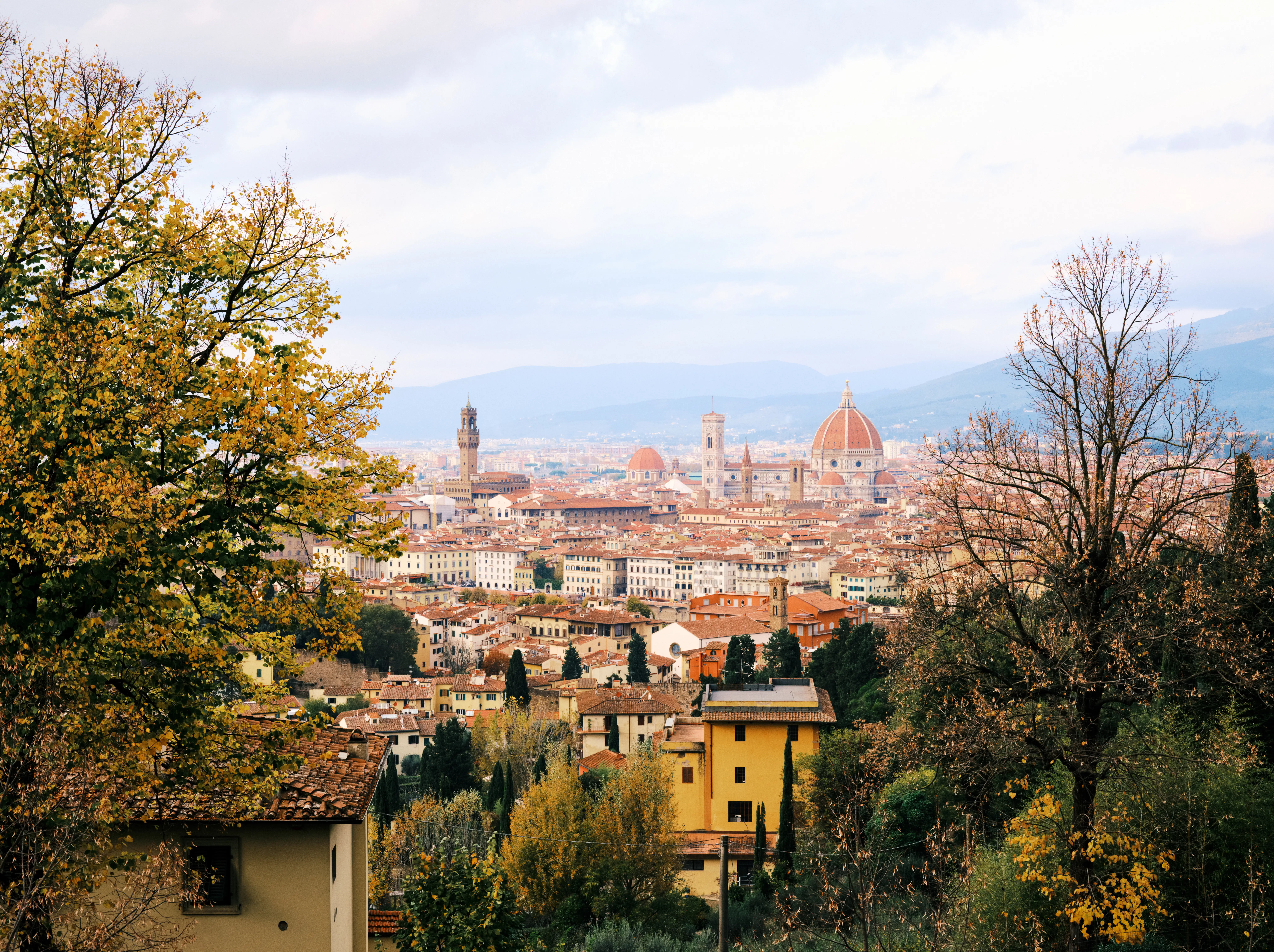 lorence, city skyline with Duomo at sunset seen through trees with Autumnal colours