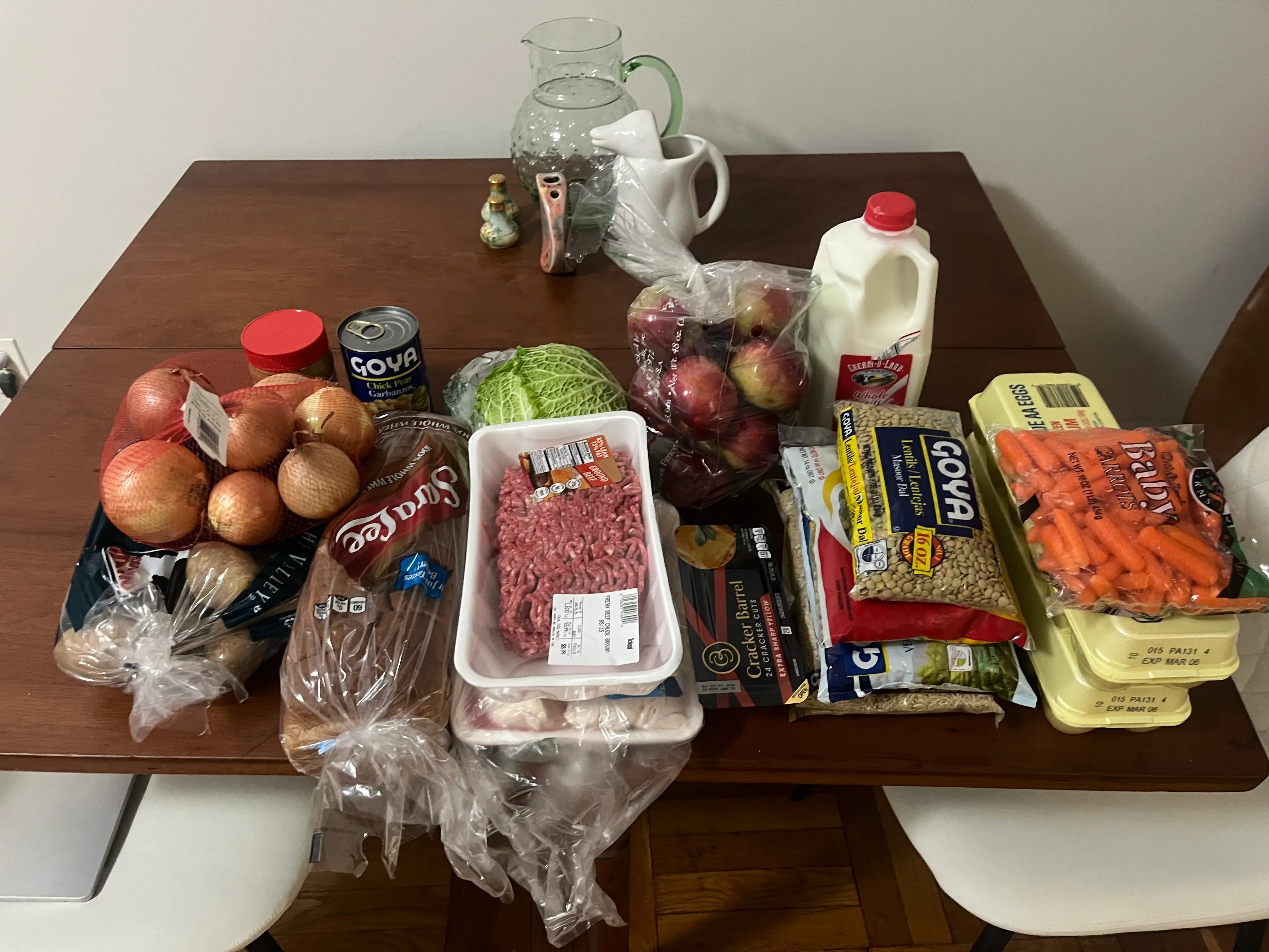 Purchased groceries laid out on a table