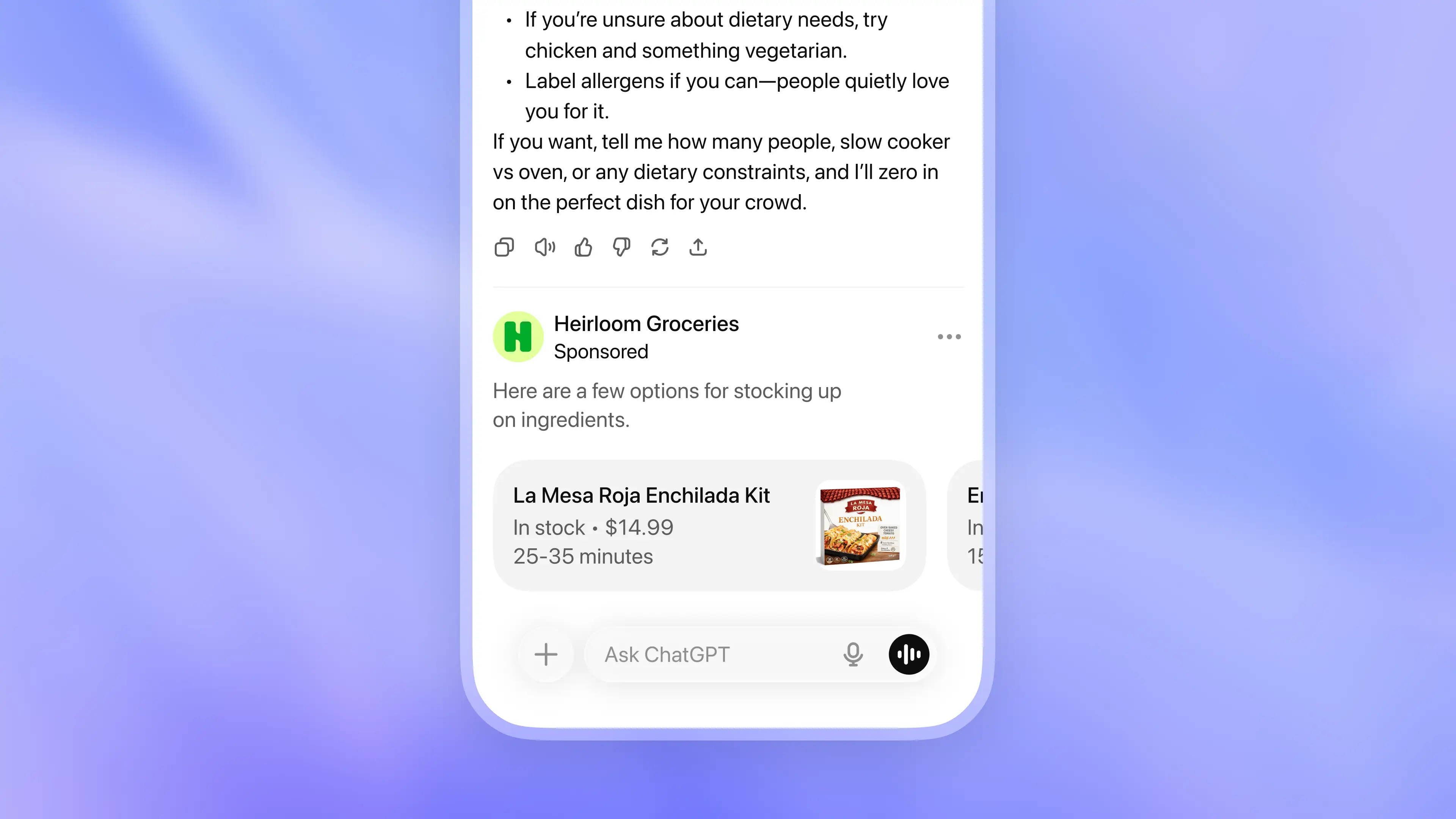 An image of a mock ad in chatgpt, provided by chatgpt owner openai