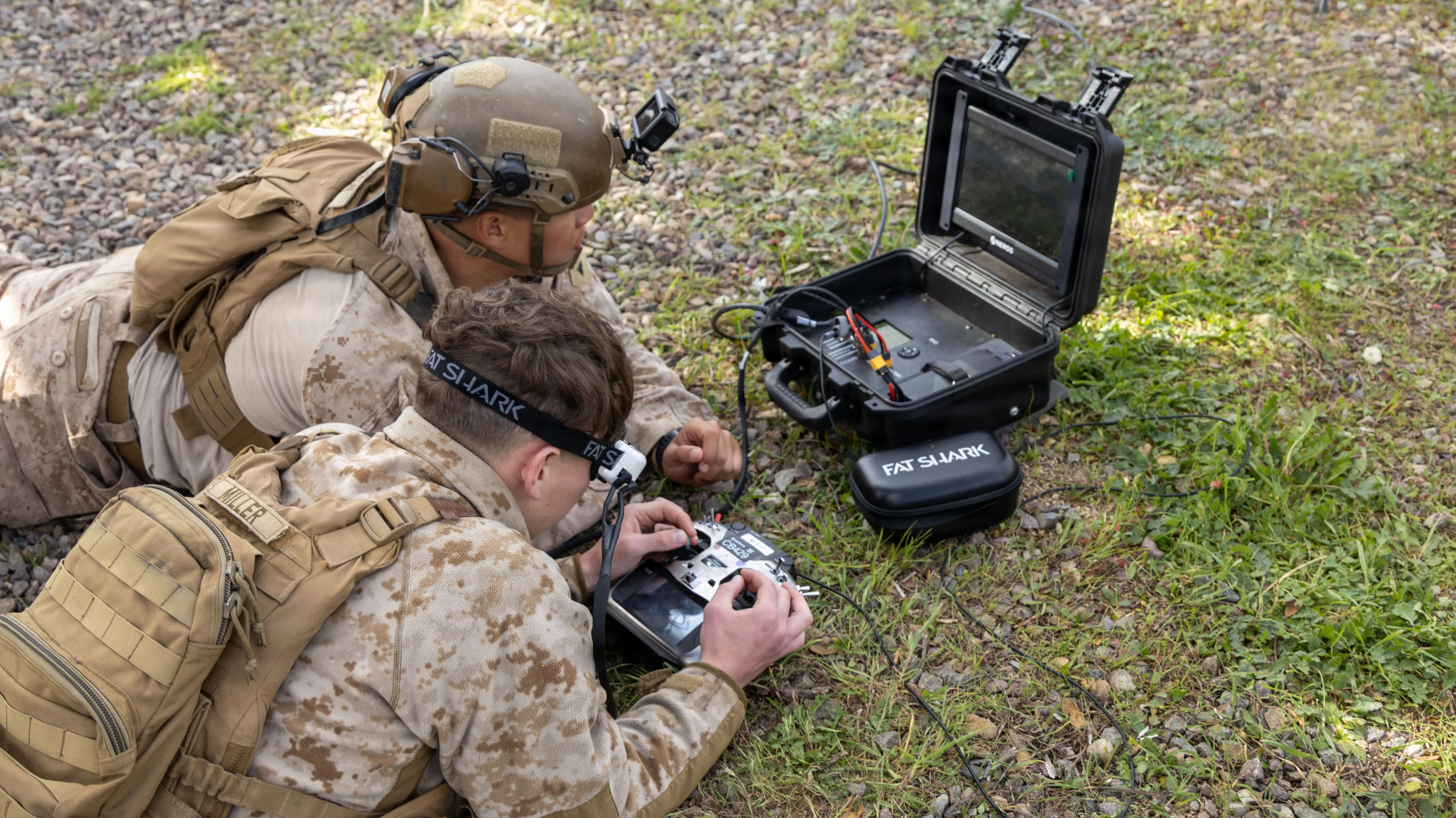 Marines pilot a Neros Archer drone as part of 1st Marine Division's new attack drone operators course at Marine Corps Base Camp Pendleton, California, Jan. 23, 2026.