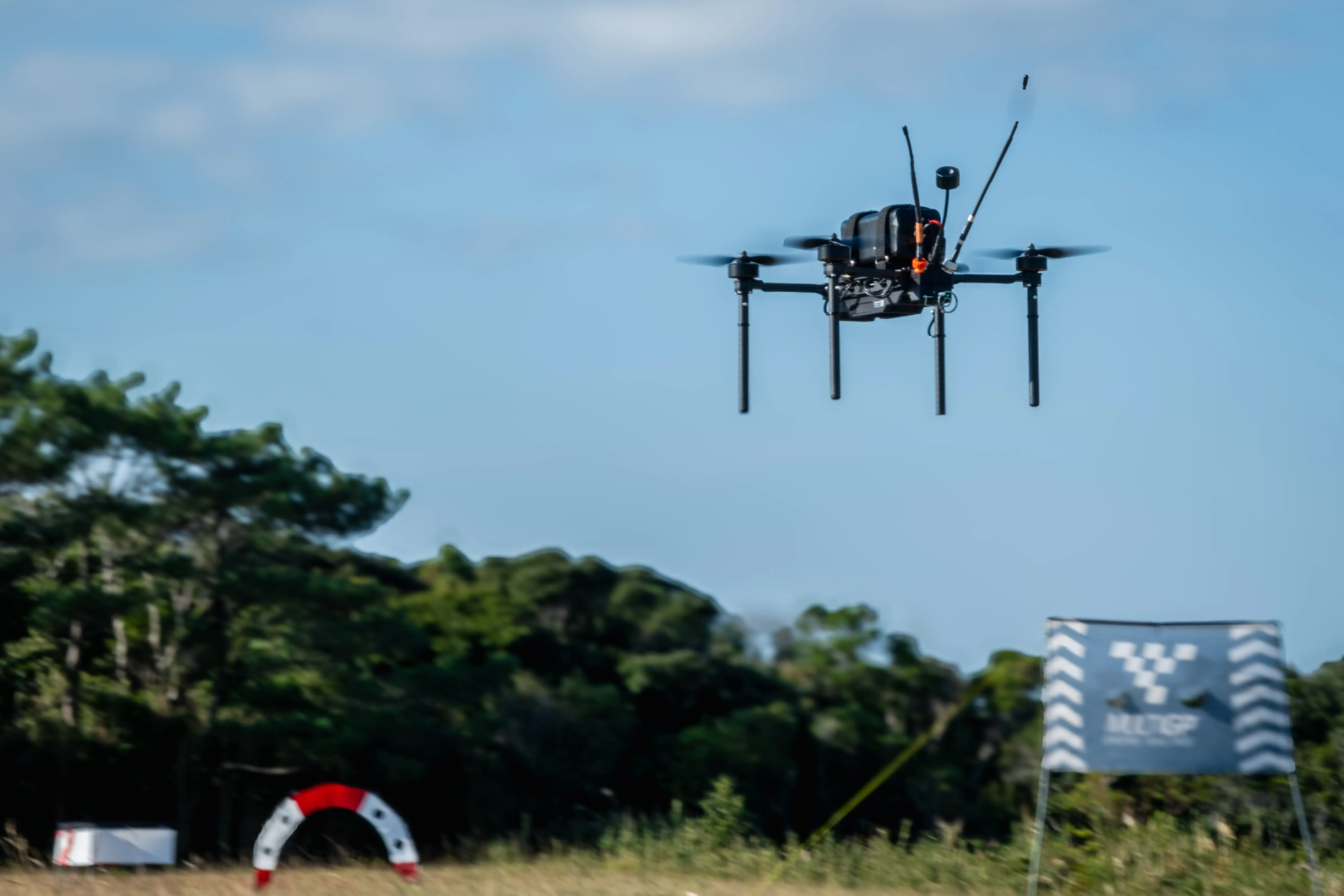 A Neros Archer first-person view drone flies during the Marine Corps Attack Drone Competition on Camp Schwab, Okinawa, Japan, Dec. 7, 2025.