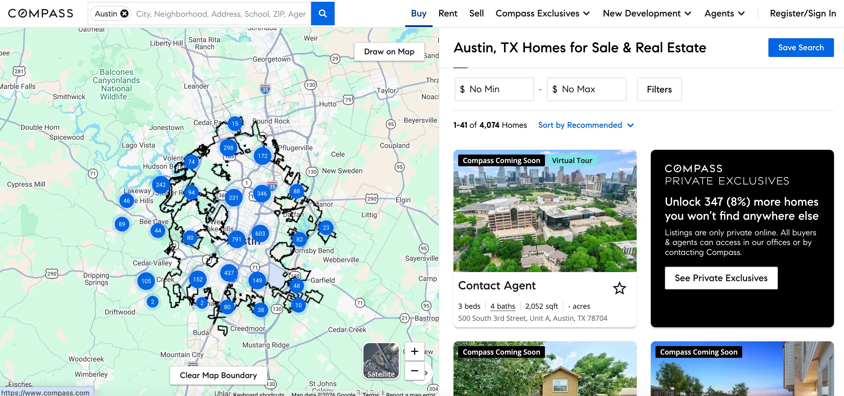 A screenshot of the Compass website shows home listings in Austin and a black box that hints at 349 additional 