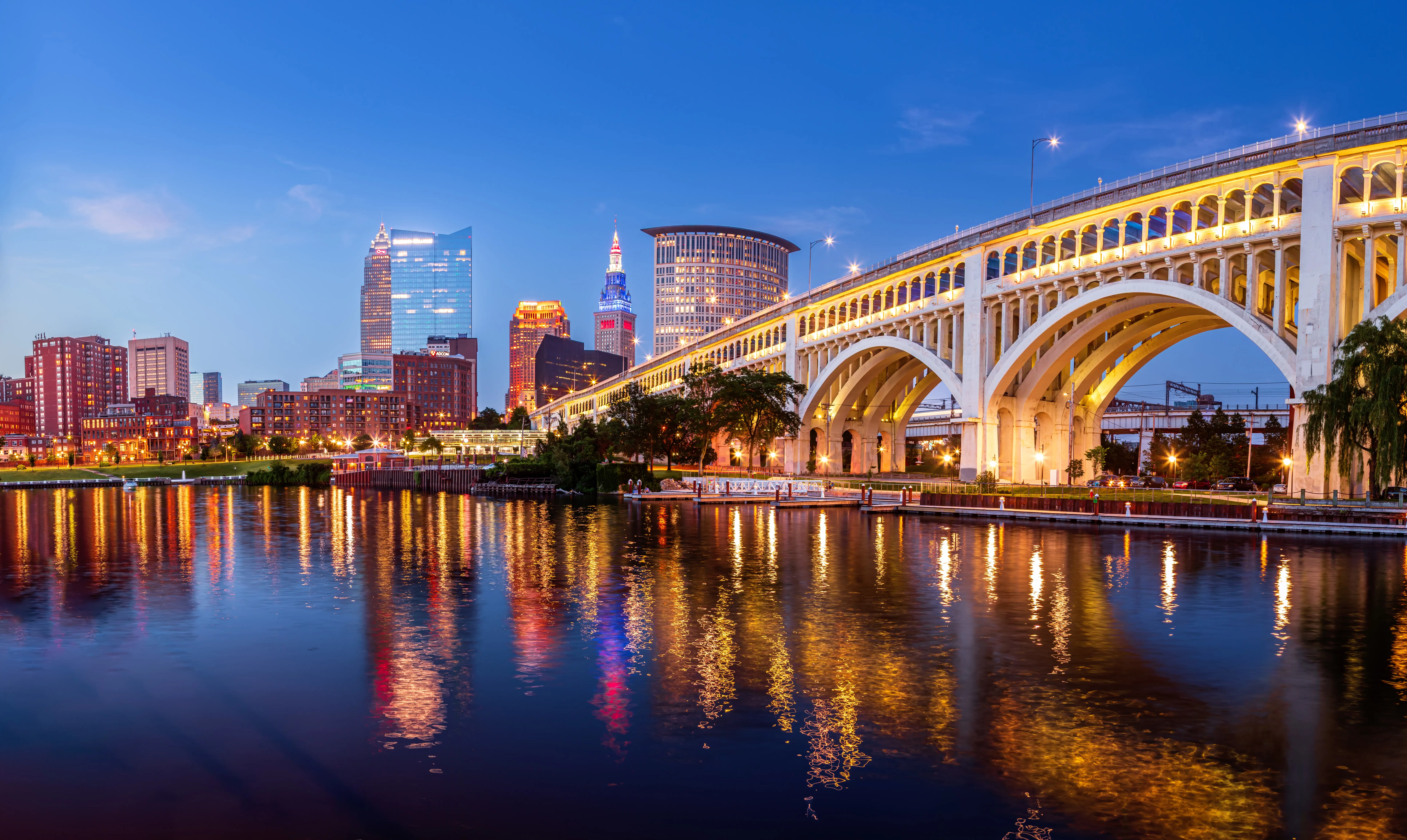 Cleveland skyline at dusk.