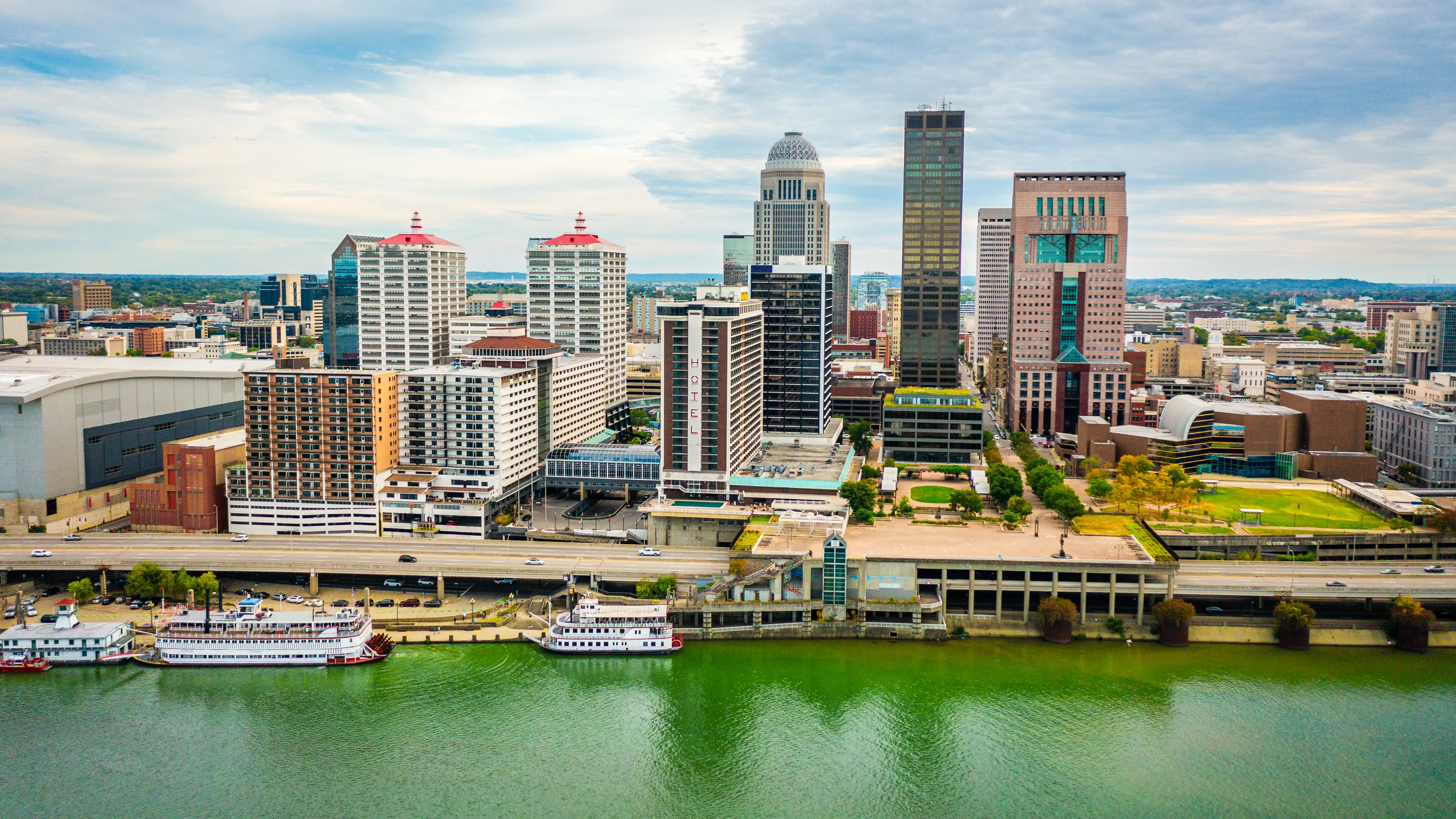 Aerial view of downtown Louisville, Kentucky, from the Ohio River