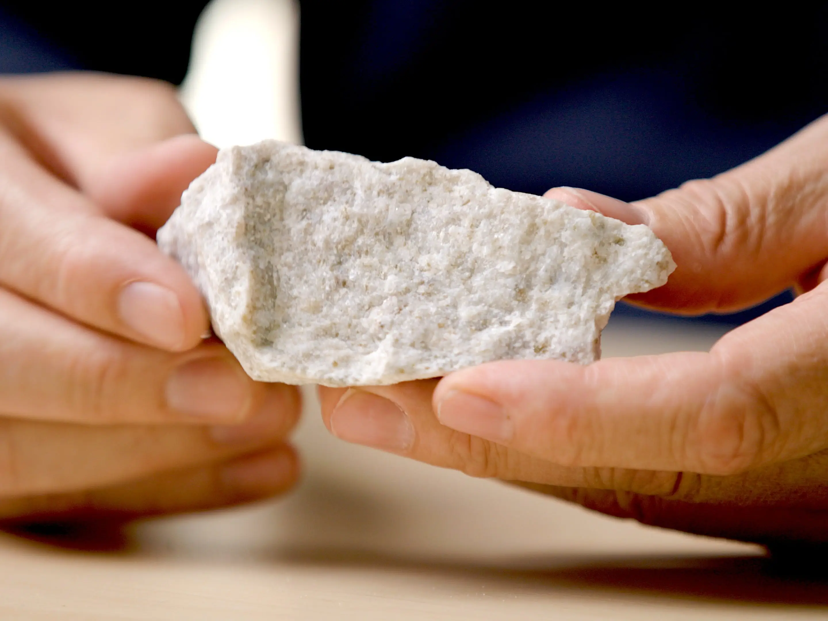 Close up of a person holding a white rock that is anorthosite.