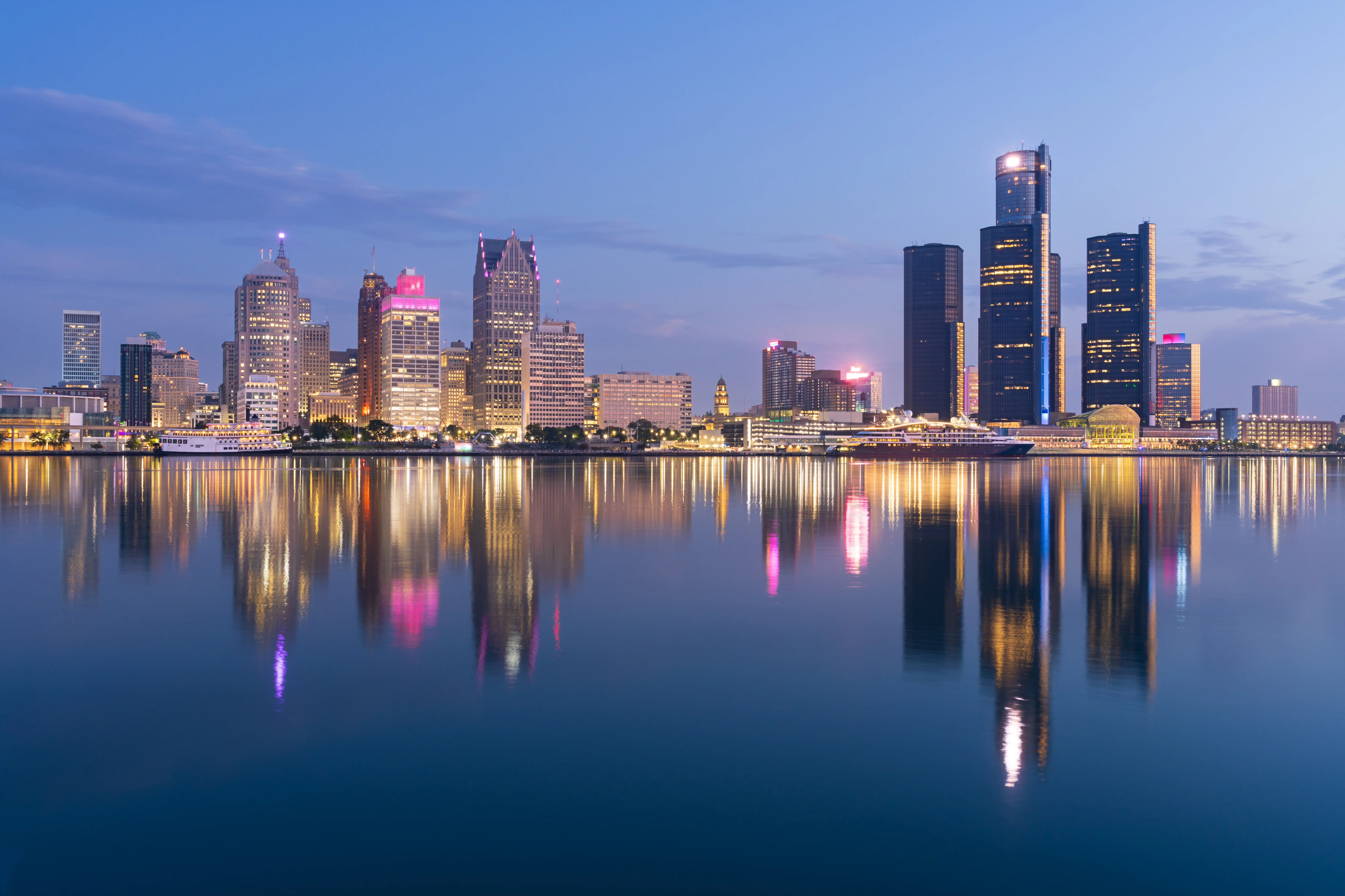 Detroit skyline at dawn on the Detroit River.