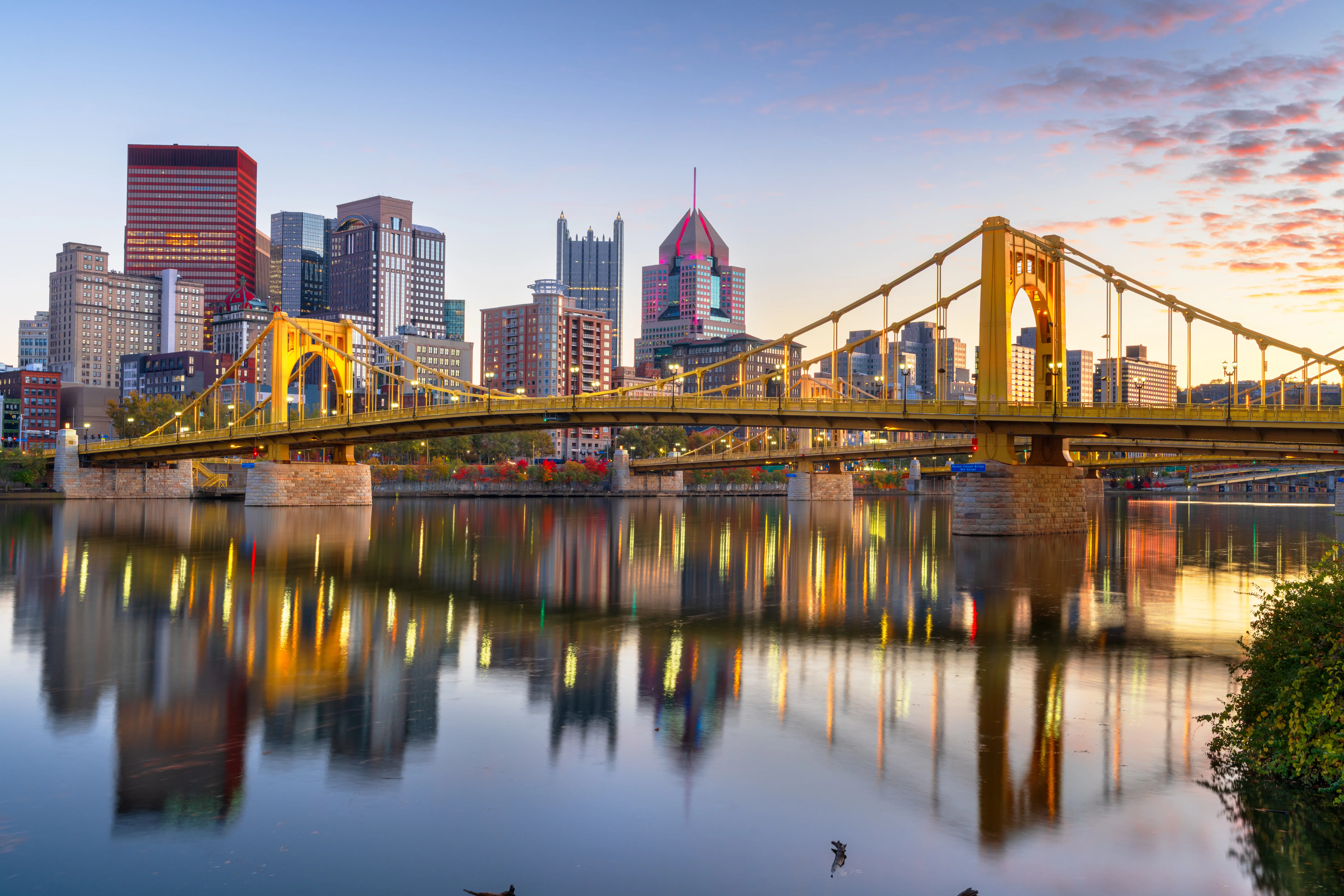 Pittsburgh downtown skyline on the Ohio River at dusk.