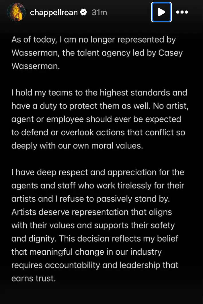 Chappell Roan's Instagram story about Wasserman Music.