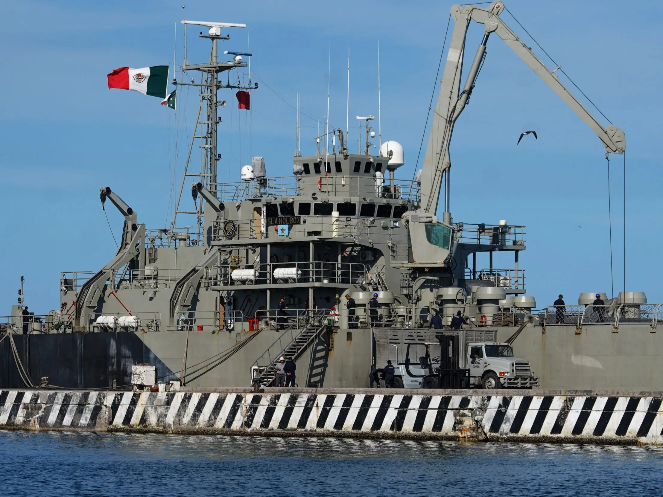 The Isla Holbox (BAL-02) vessel belonging to the Mexican Navy (SEMAR), intended for humanitarian aid, is docked at Veracruz port in Veracruz, Mexico, on February 6, 2026. Mexico will ship humanitarian aid to Cuba in the coming days while continuing to negotiate with Washington on the possibility of circumventing a US oil siege, President Claudia Sheinbaum said on February 6.