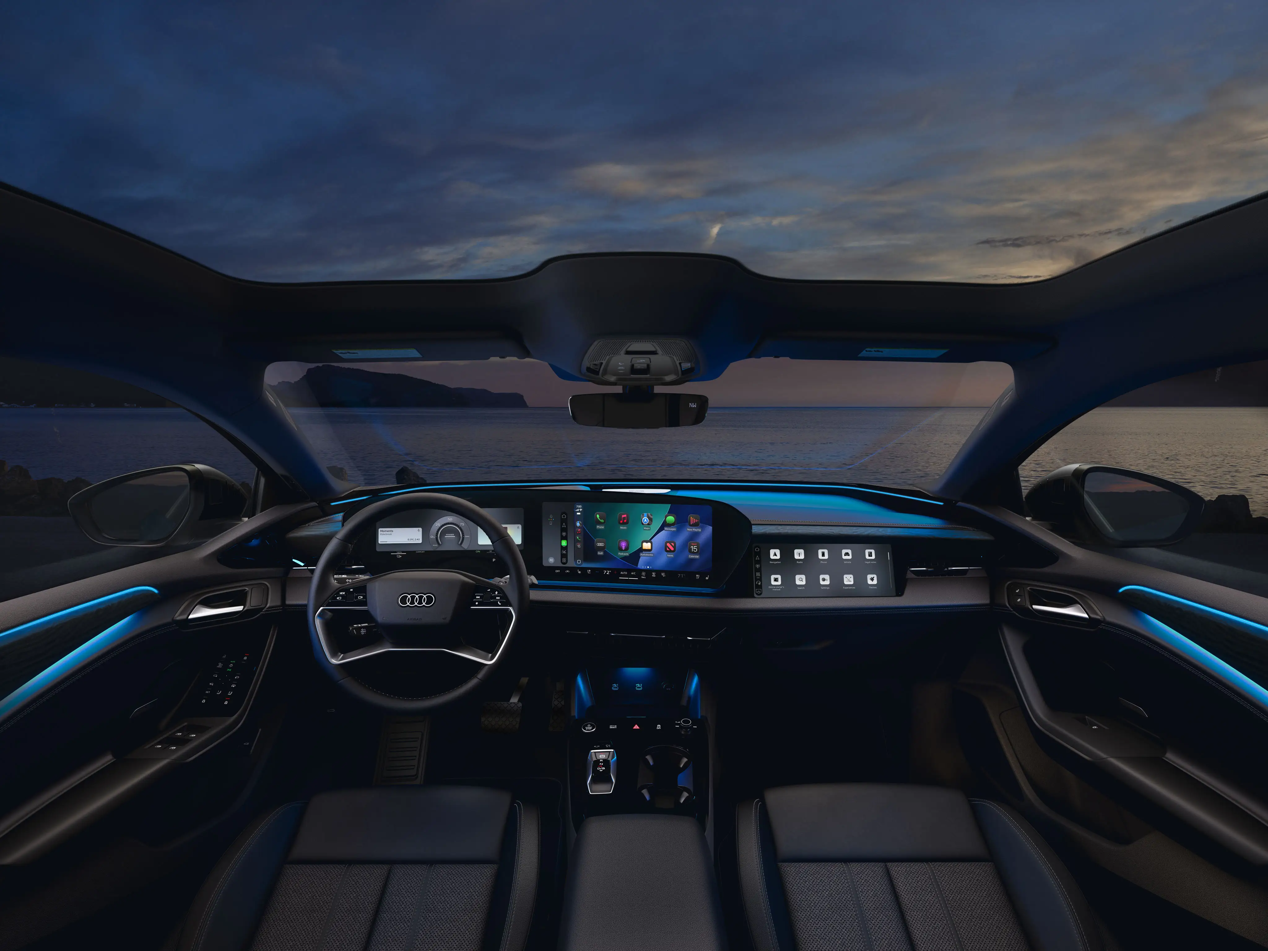 The interior of a 2027 Audi A6 Sportback e-tron. The car has three digital screens, blue ambient lights, and a large panoramic sunroof.