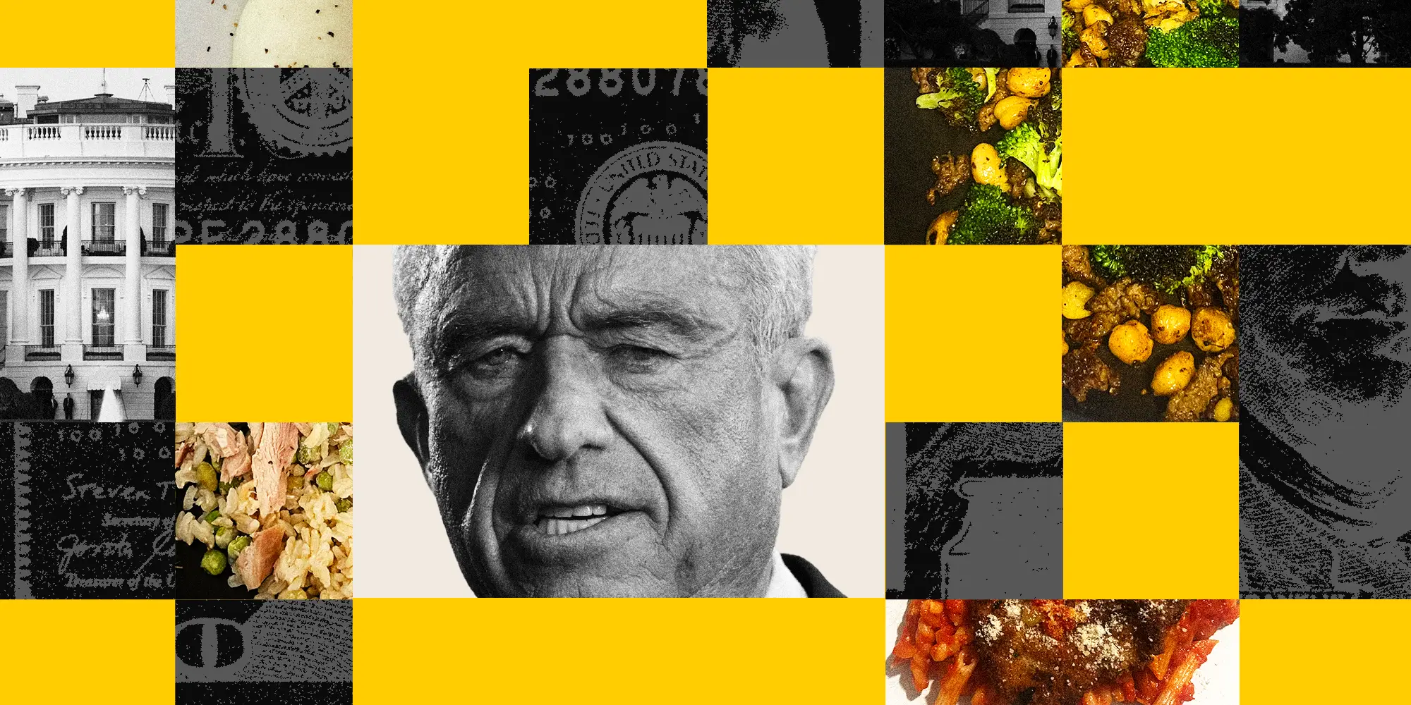 Photo collage featuring homemade meals, the White house, and RFK Jr.