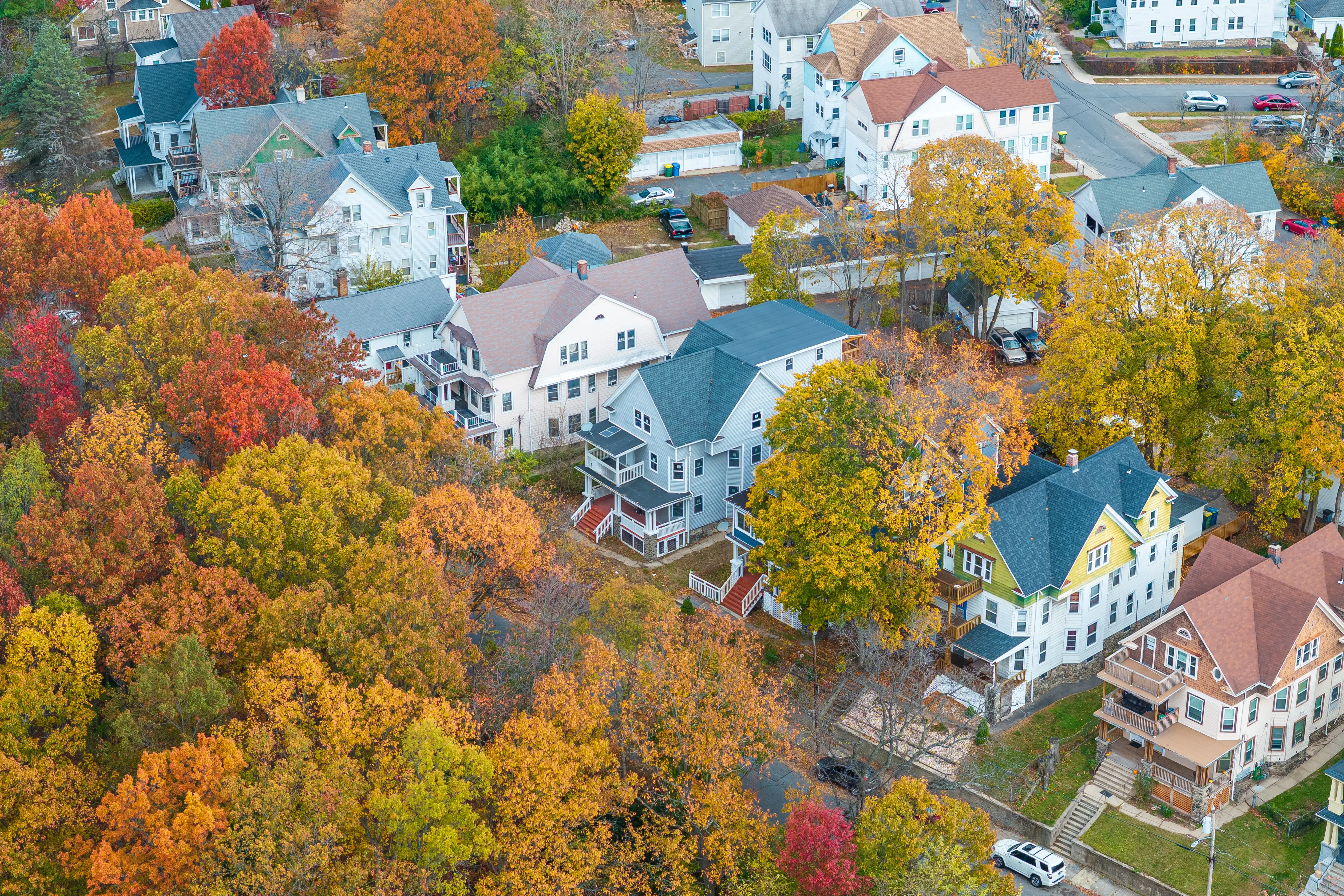 Aerial view of houses in fall in New England