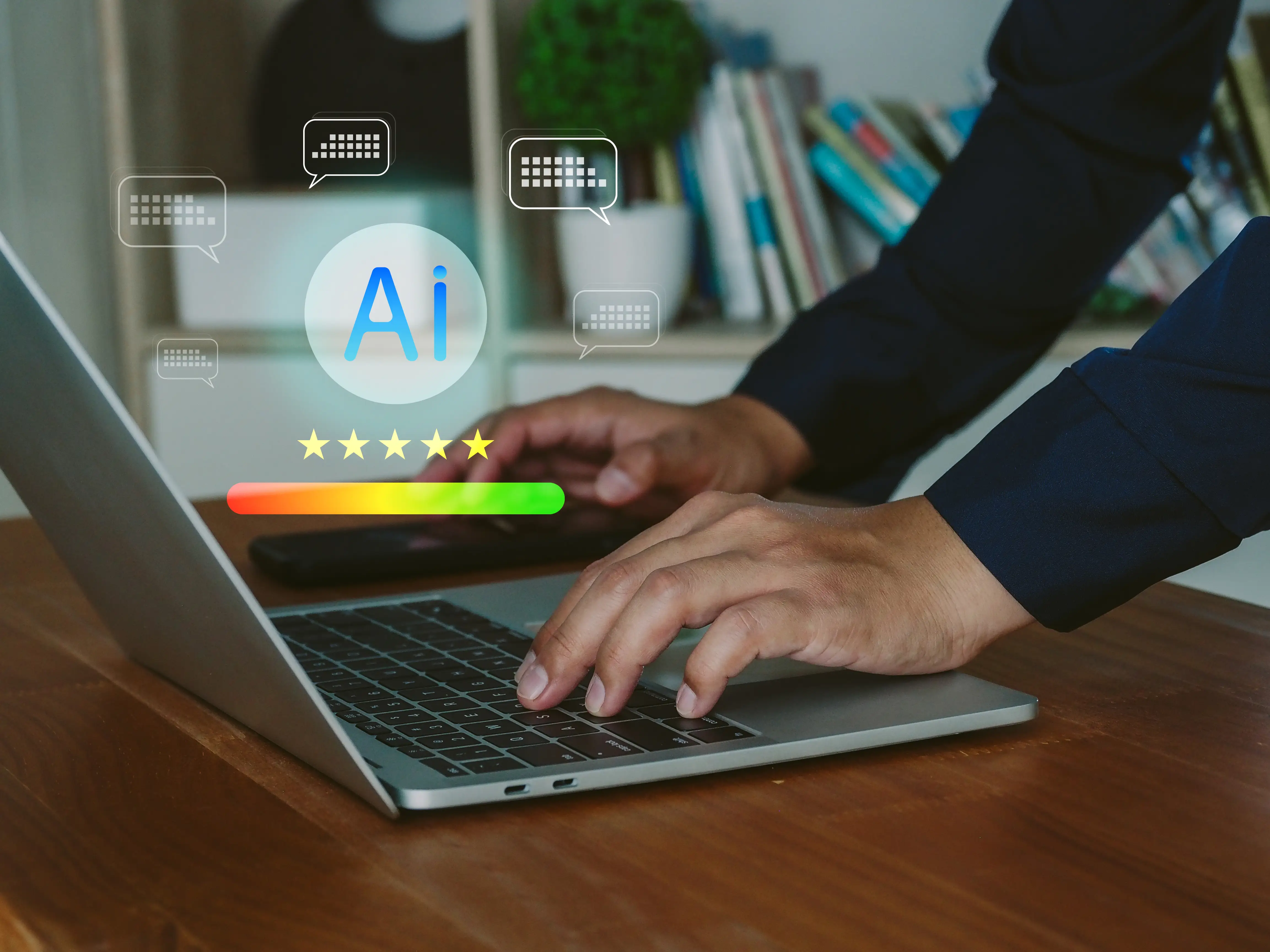 AI rating and feedback on laptop keyboard with hands typing, five star review and chat icons showing user satisfaction and interaction