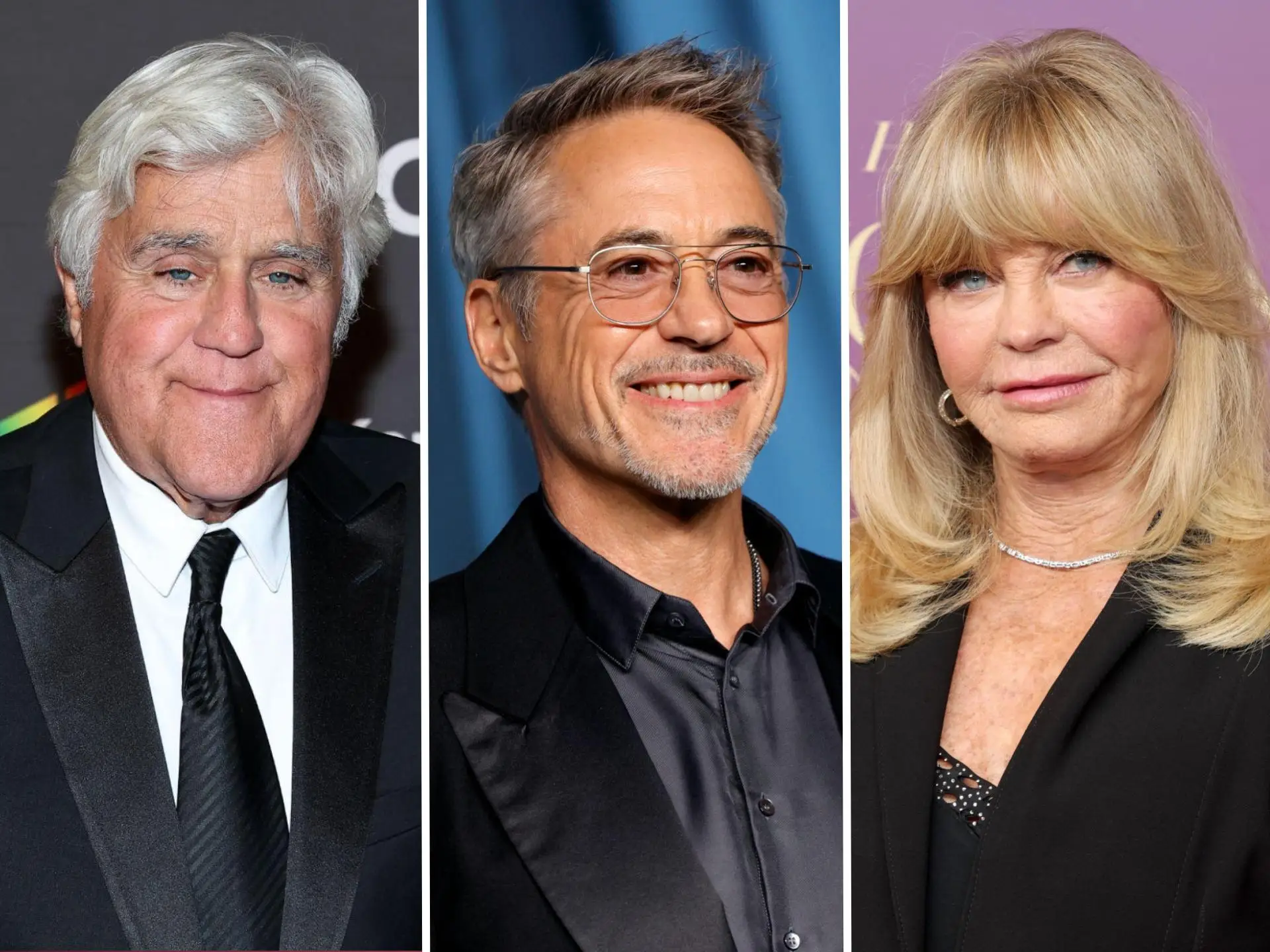 Composite image of Jay Leno, Robert Downey Jr., and Goldie Hawn.