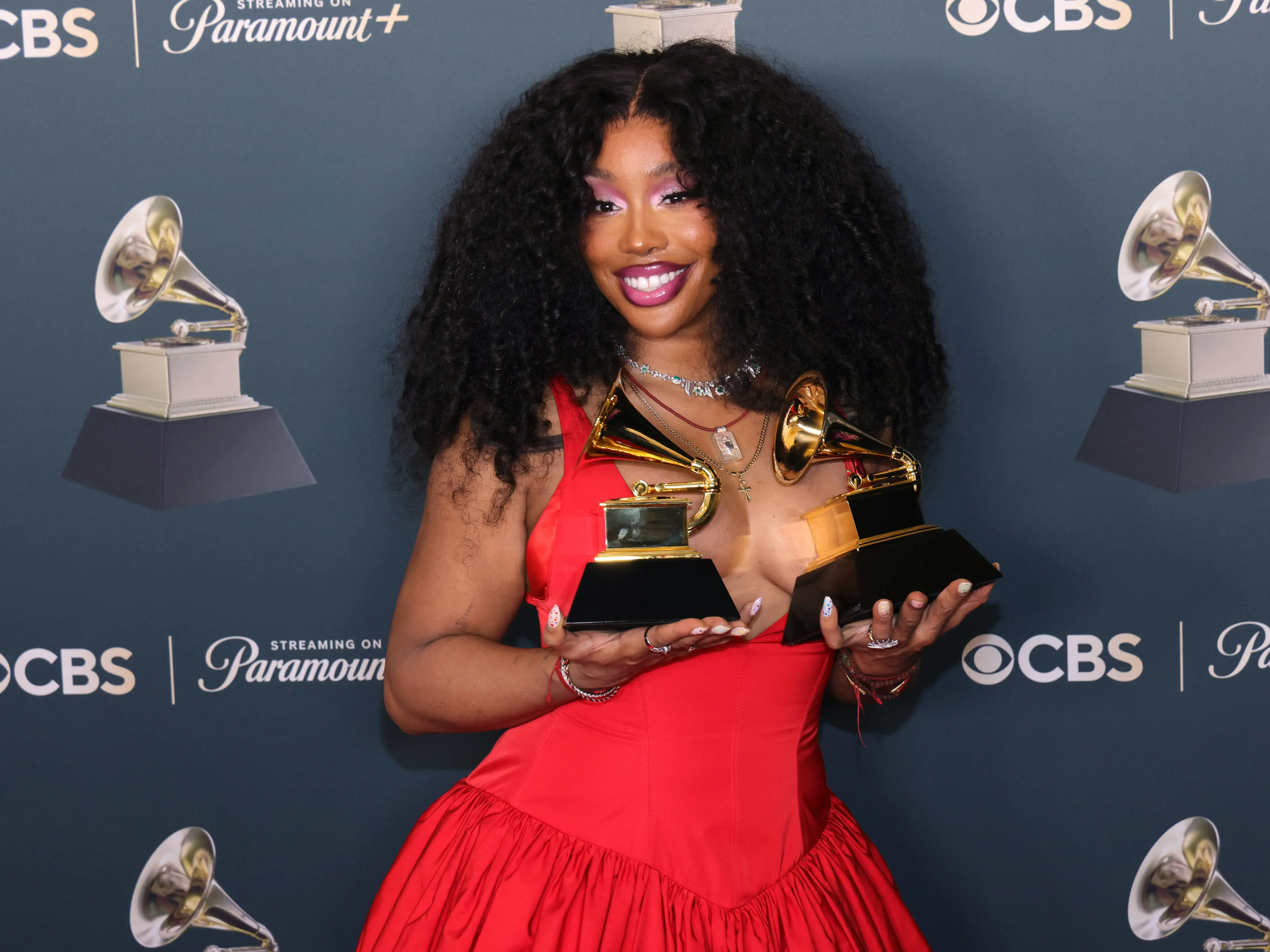 SZA poses in the press room during the 2026 Grammy Awards