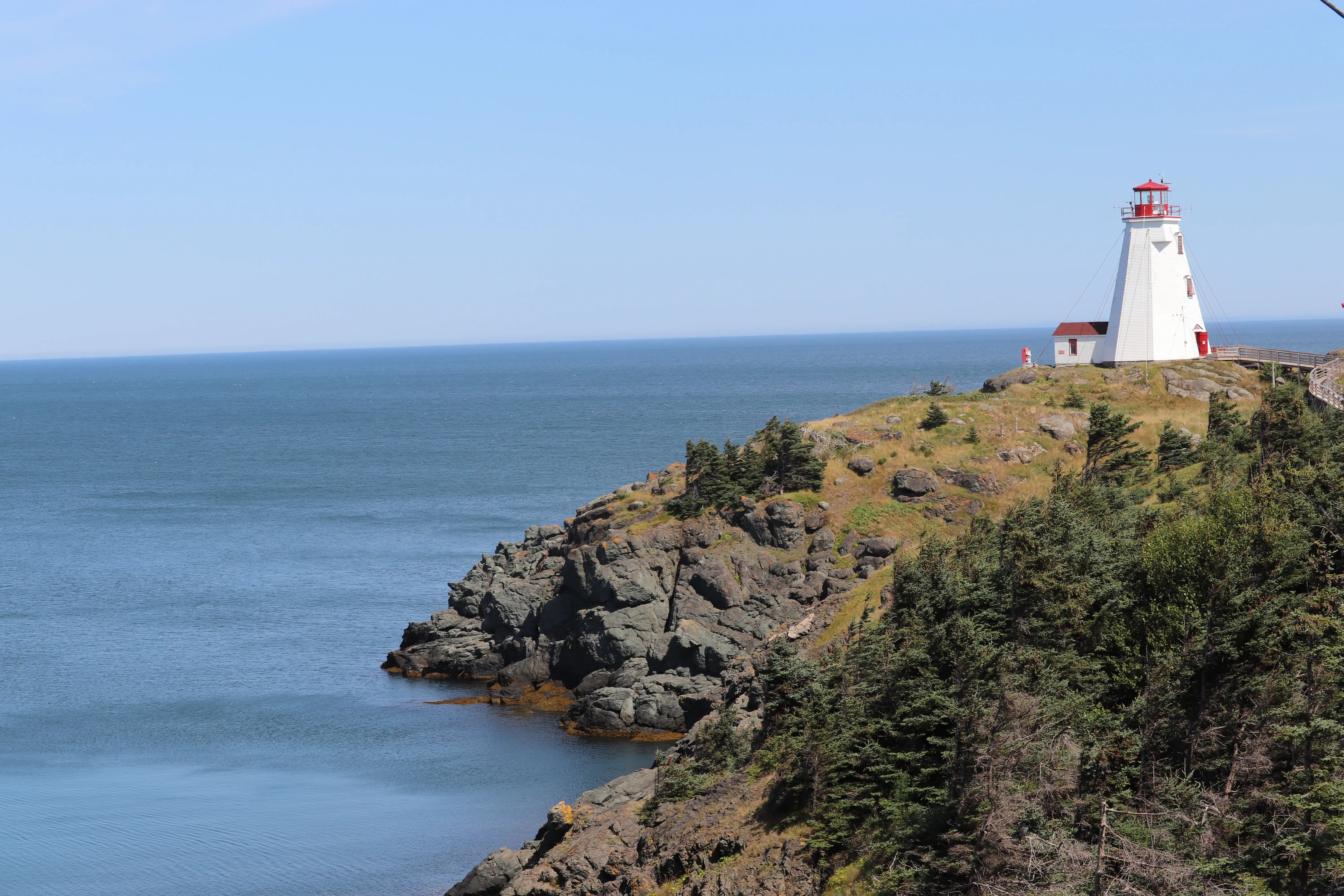 Lighthouse on cliff edge by water