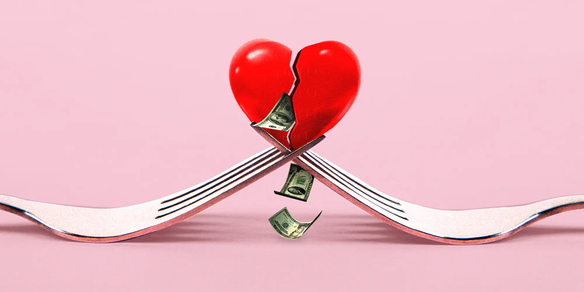 Broken red heart between two forks with money falling.