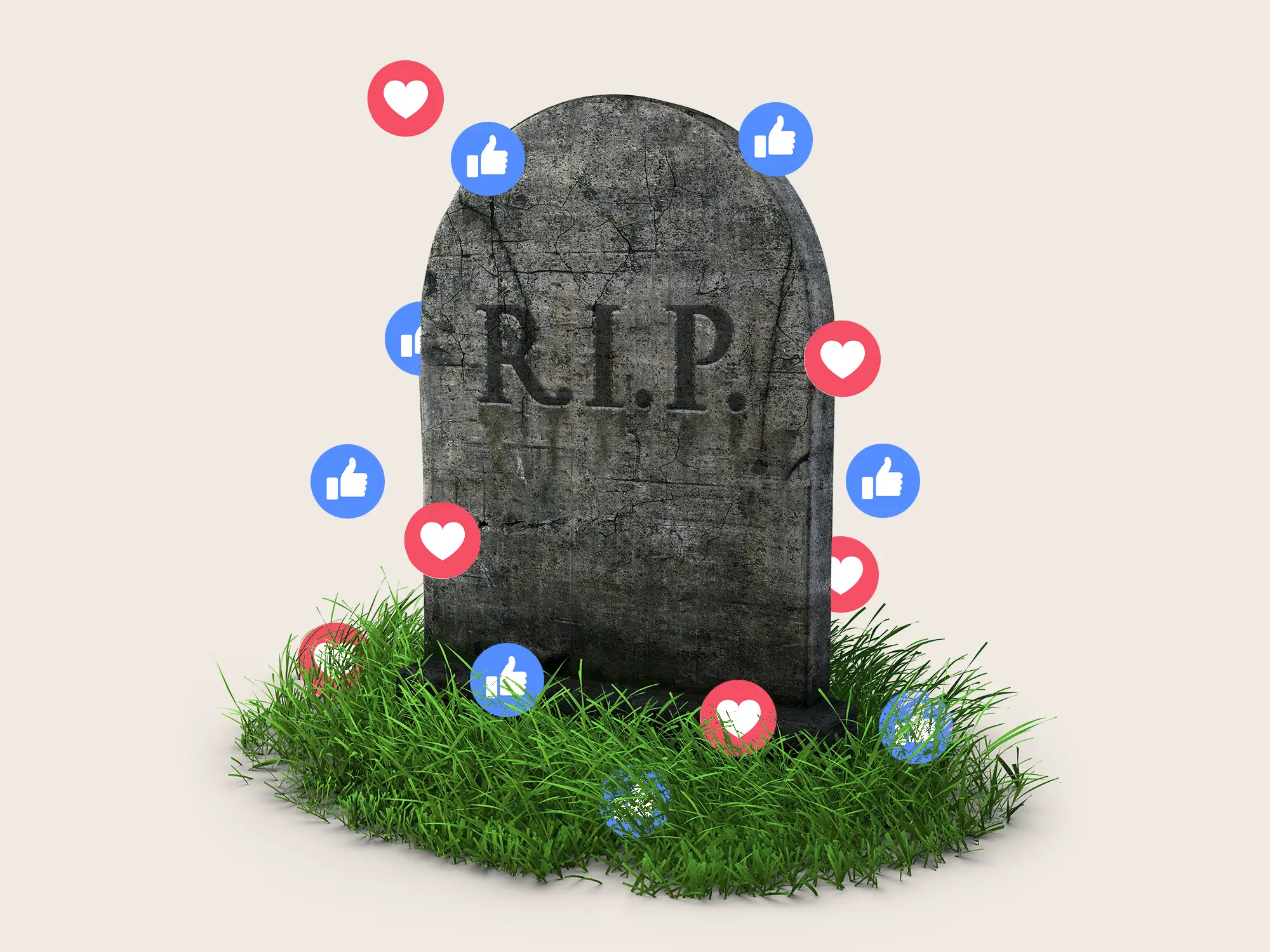 Gravestone with RIP surrounded by thumbs up icons and Heart icons.