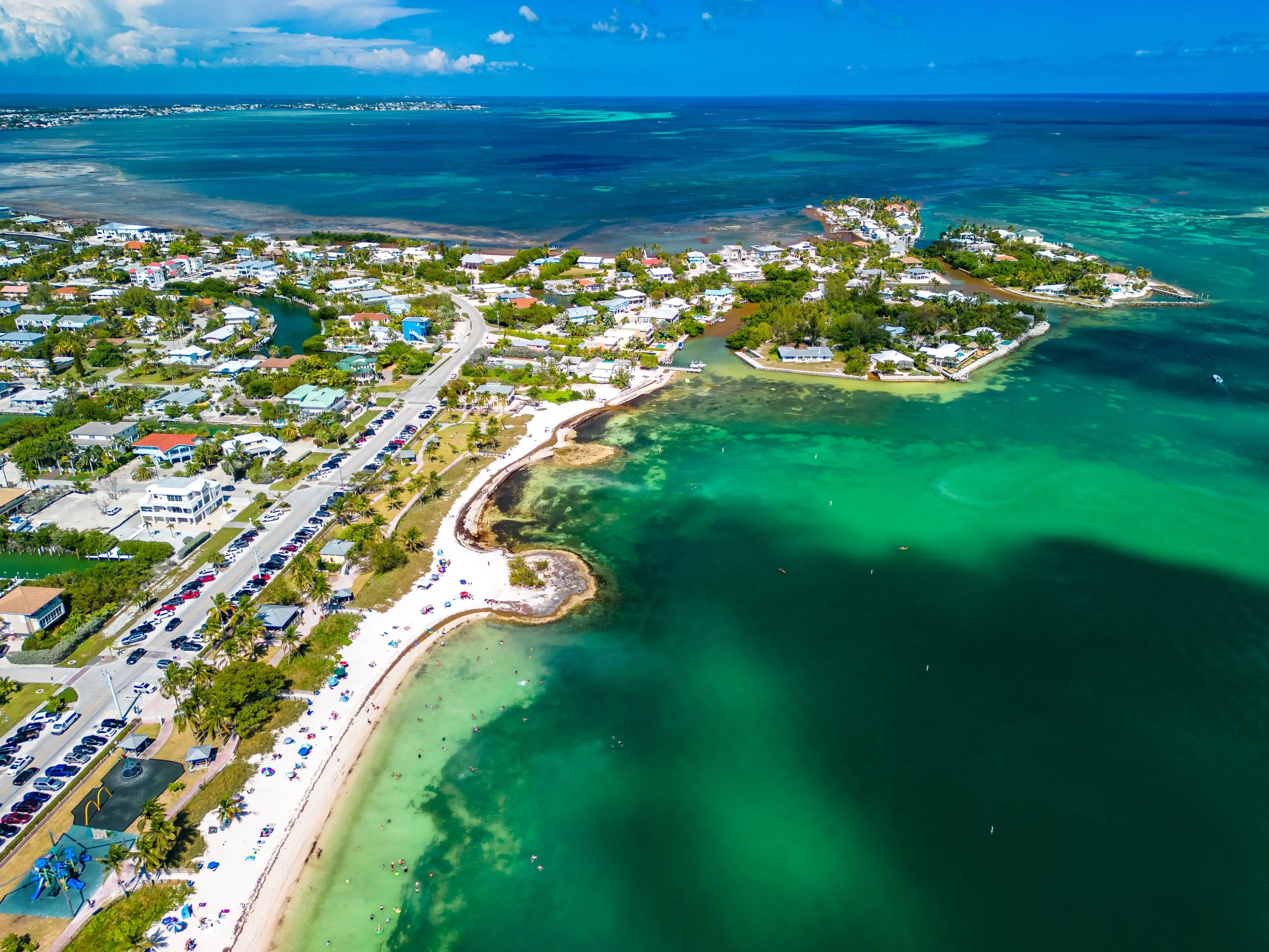 Aerial view of Sombrero Beach with palm trees on the Florida Keys, Marathon, Florida, USA.