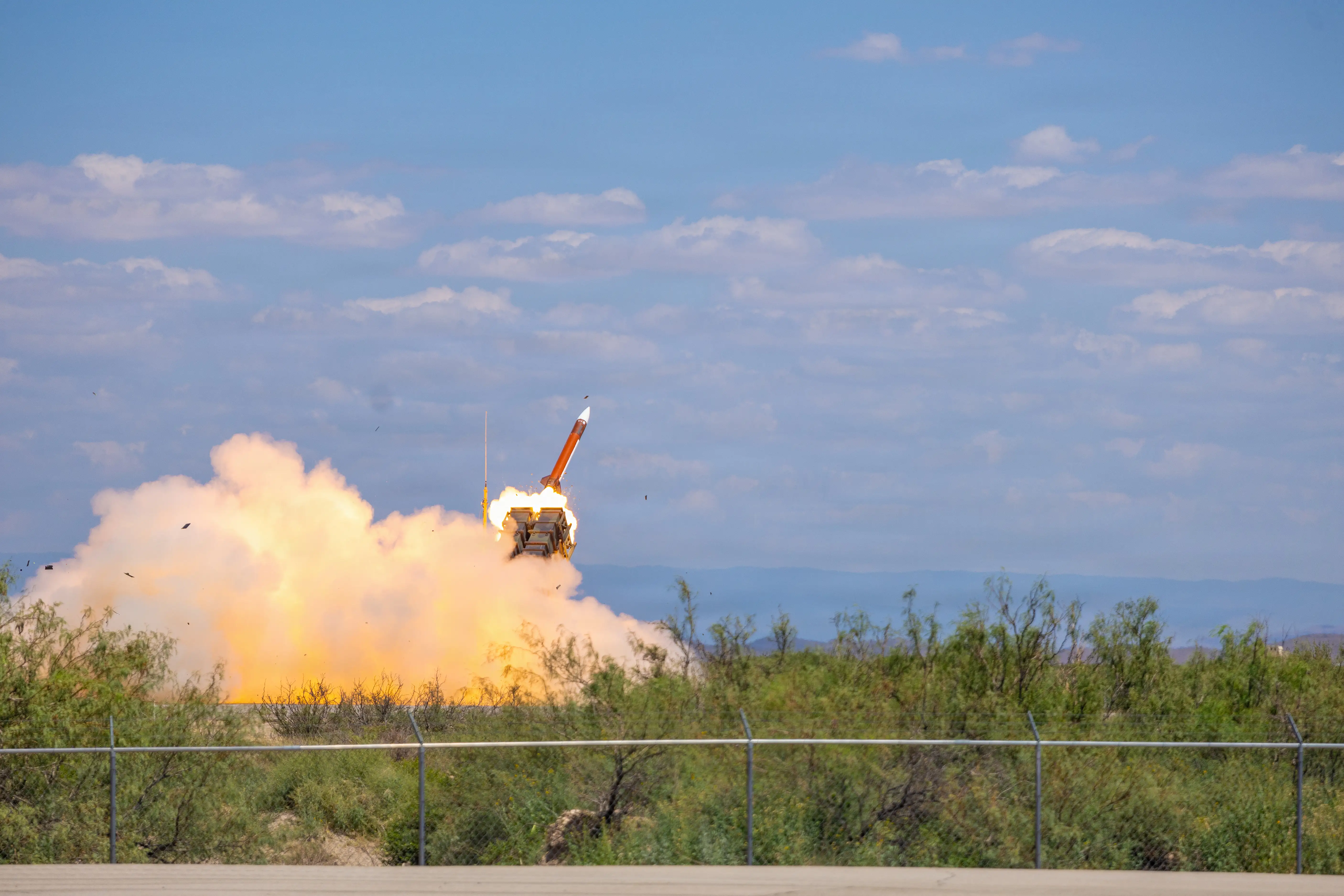Soldiers from the 11th Air Defense Artillery Brigade conduct a Patriot missile live-fire exercise at MacGregor Range near Fort Bliss, Texas, August 23, 2025.