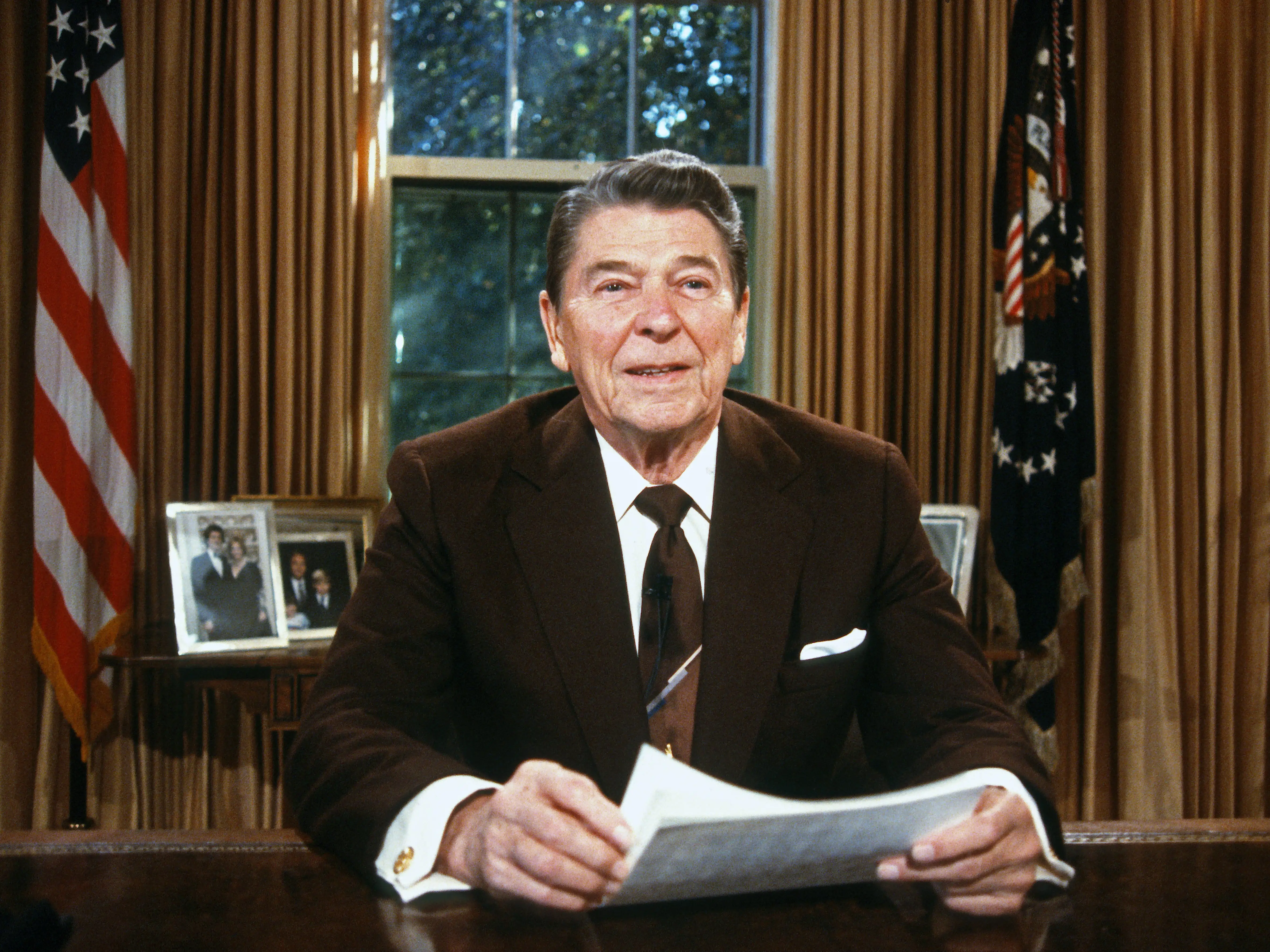 President Roand Reagan addressing the nation from the White House during his presidency.