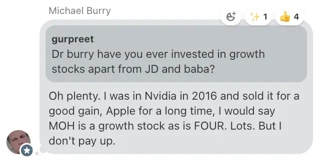 Michael Burry's Substack comment about growth stocks