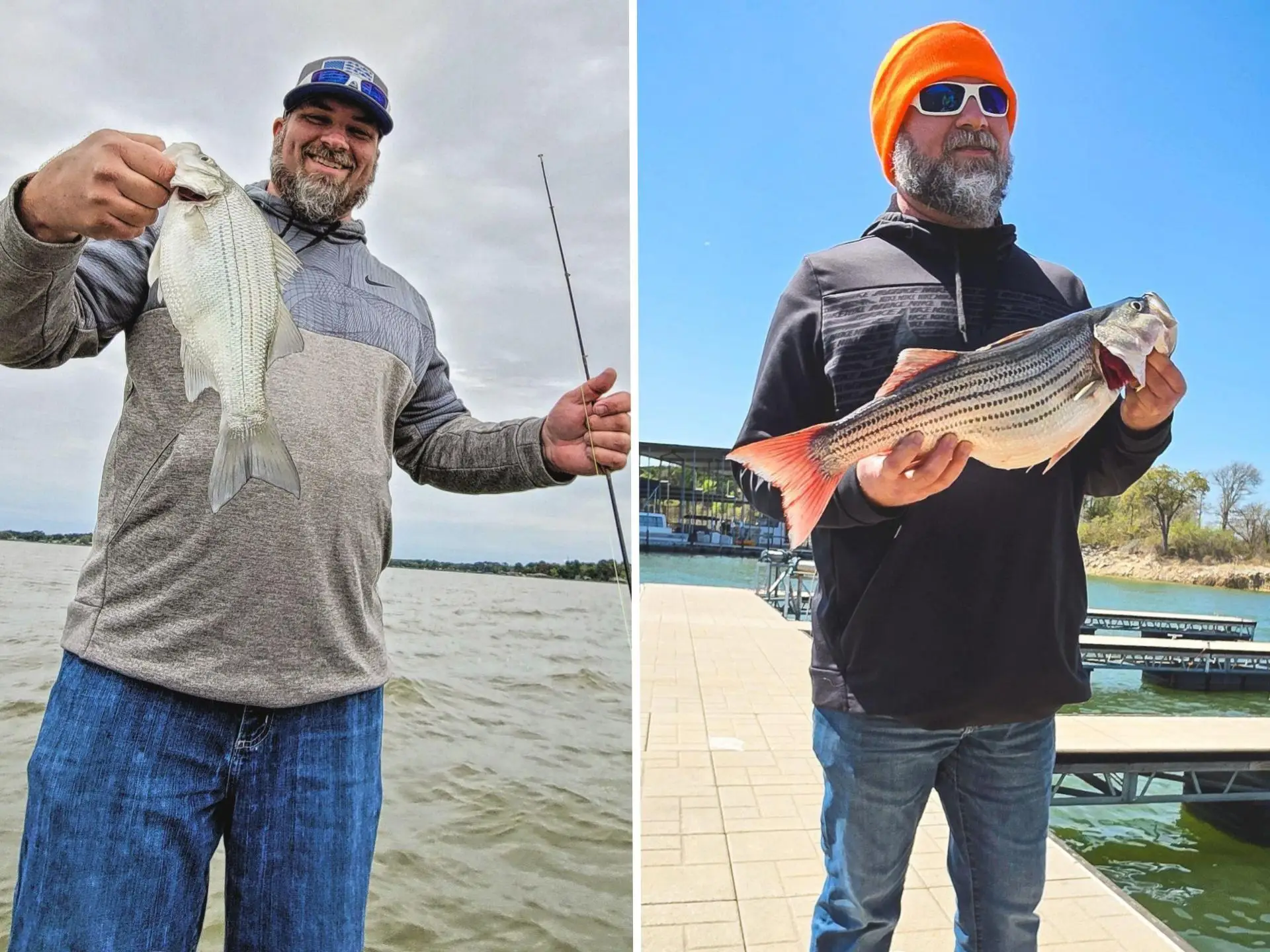 A split image of a fisherman before and after he lost weight