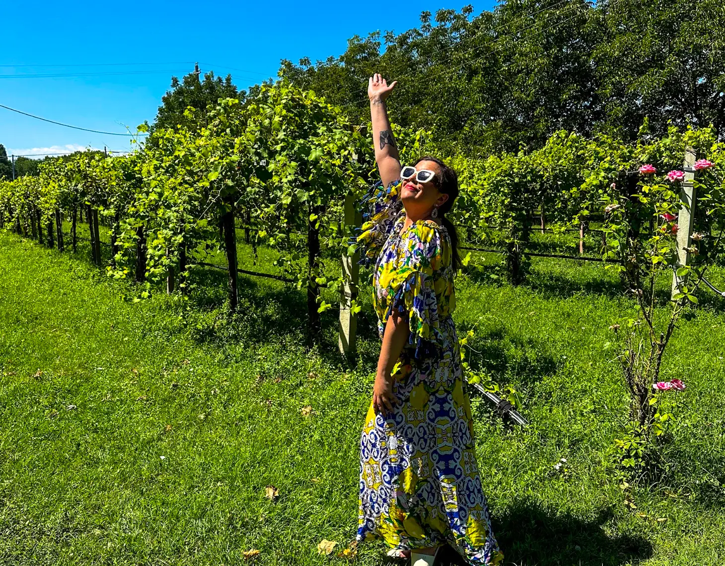The writer in a dress, standing in a vineyard in Modena.