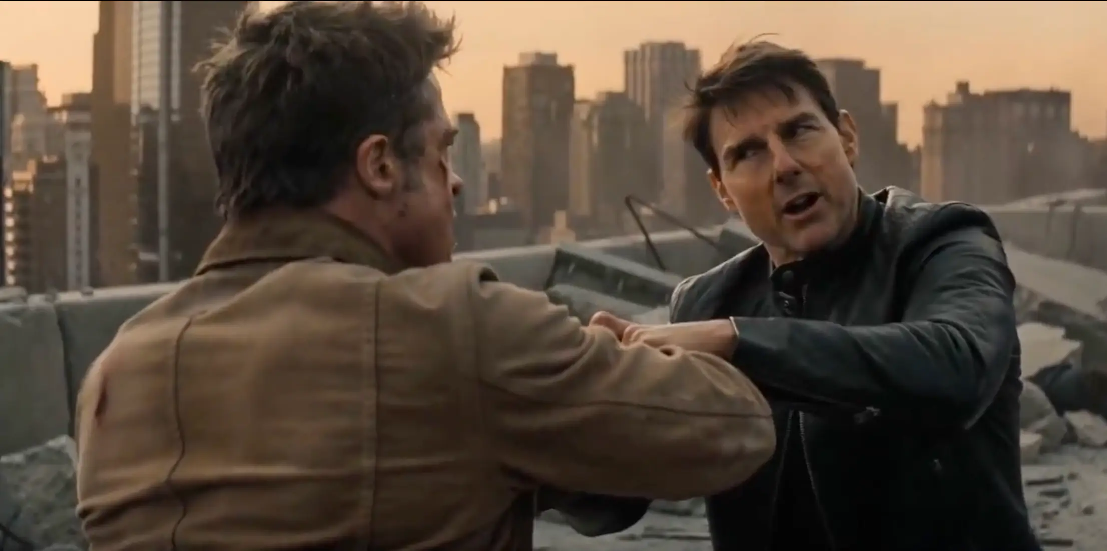AI recreations of Brad Pitt and Tom Cruise fight on a rooftop.