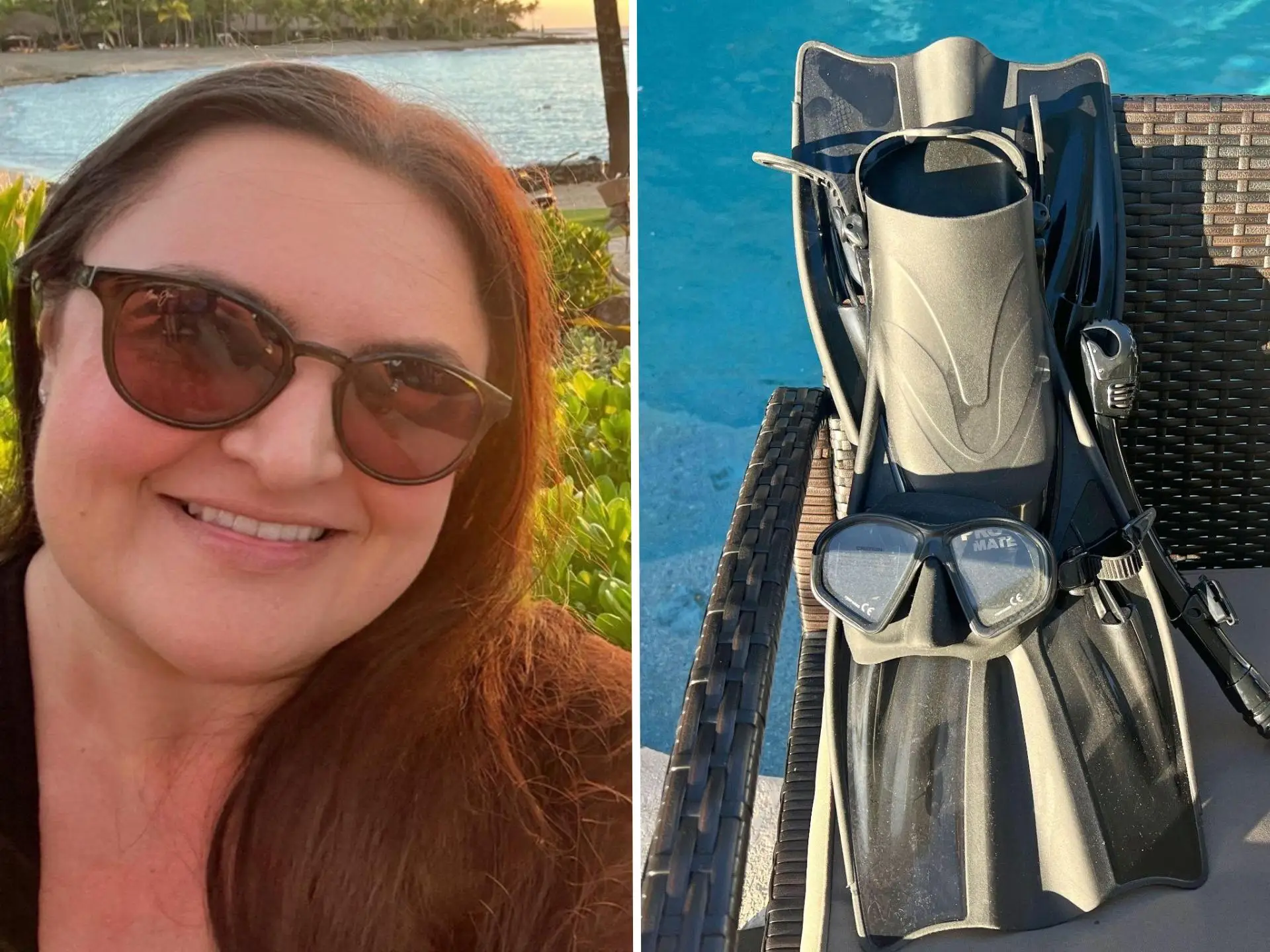 A selfie of Asonta next to a photo of scuba gear.