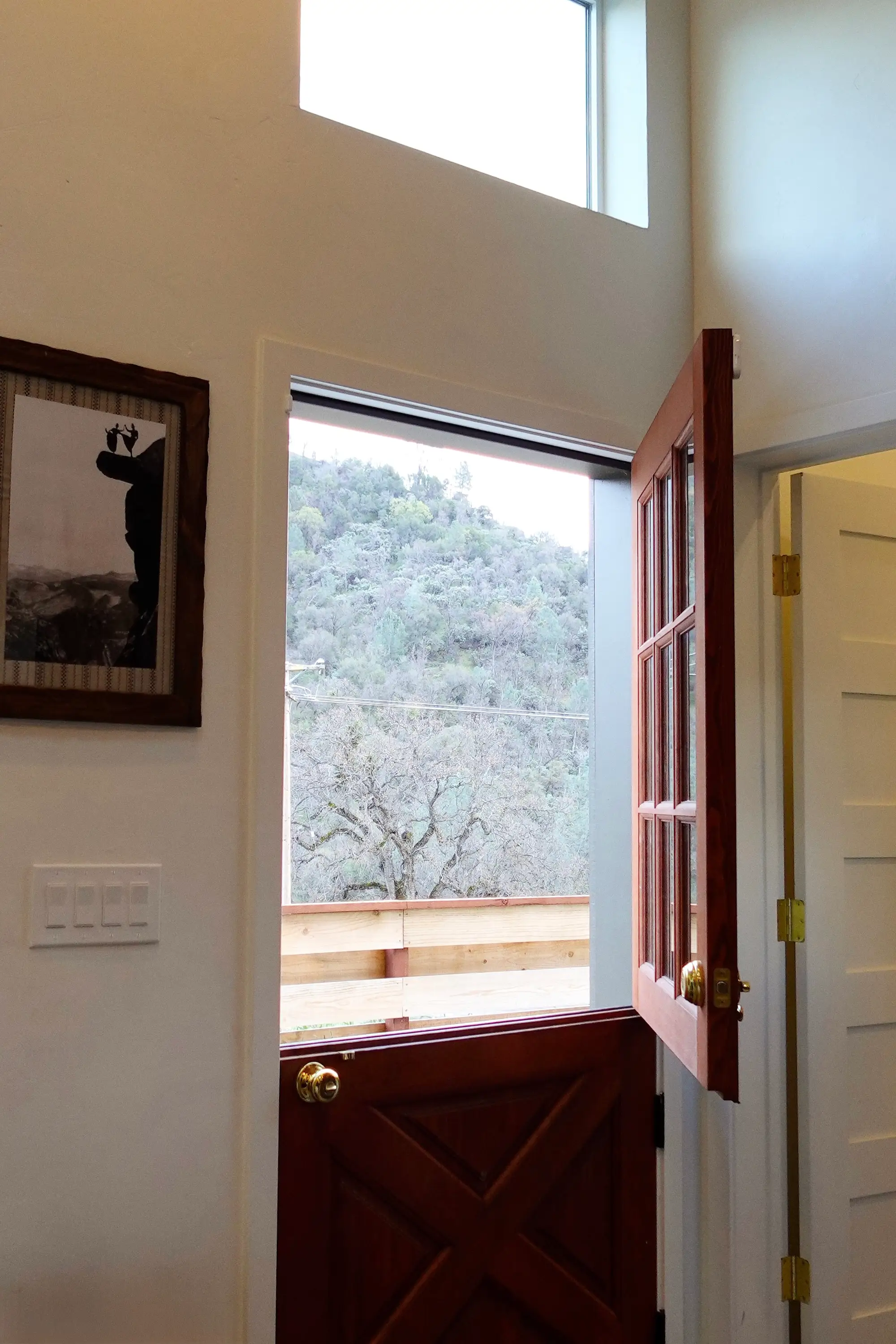 An open dutch door overlooking a snowy tree.