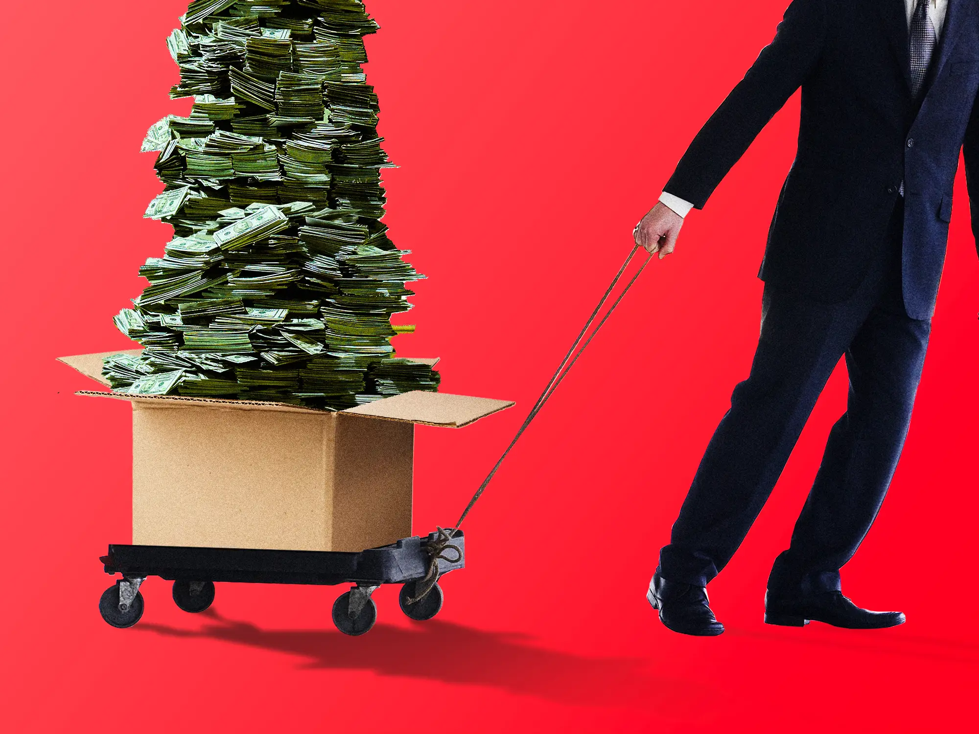 A man in a suit pulling a wagon and a box piled with money