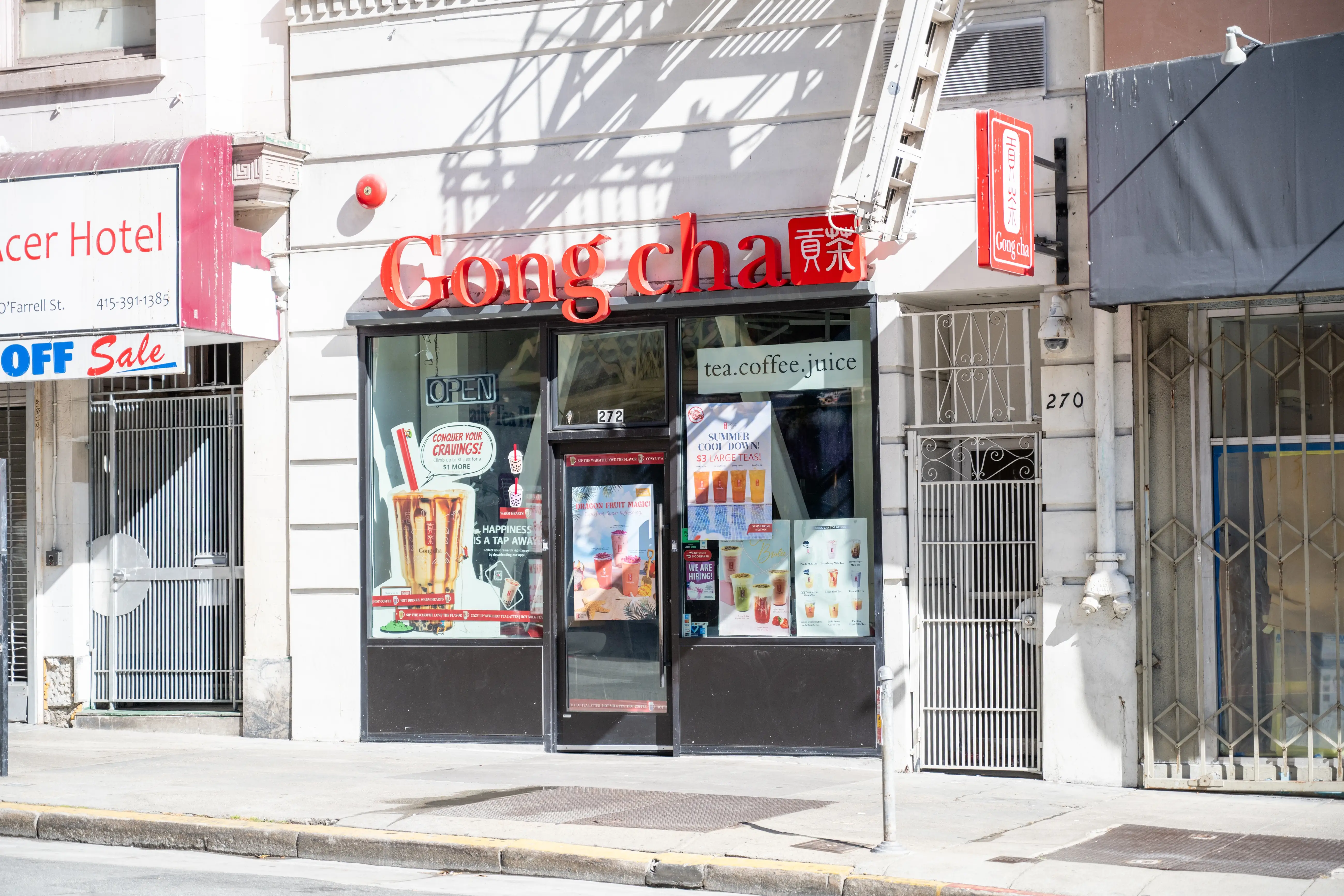 Facade of Gong cha bubble tea shop with open sign and promotional posters on a sunny day, San Francisco, California, August 19, 2025.
