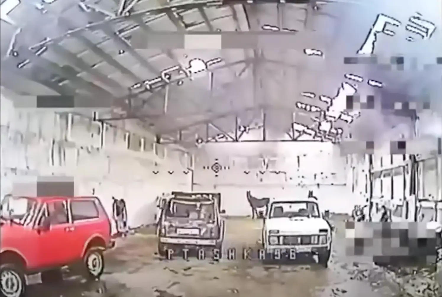 Three Lada off-road vehicles can be seen in front of two horses.