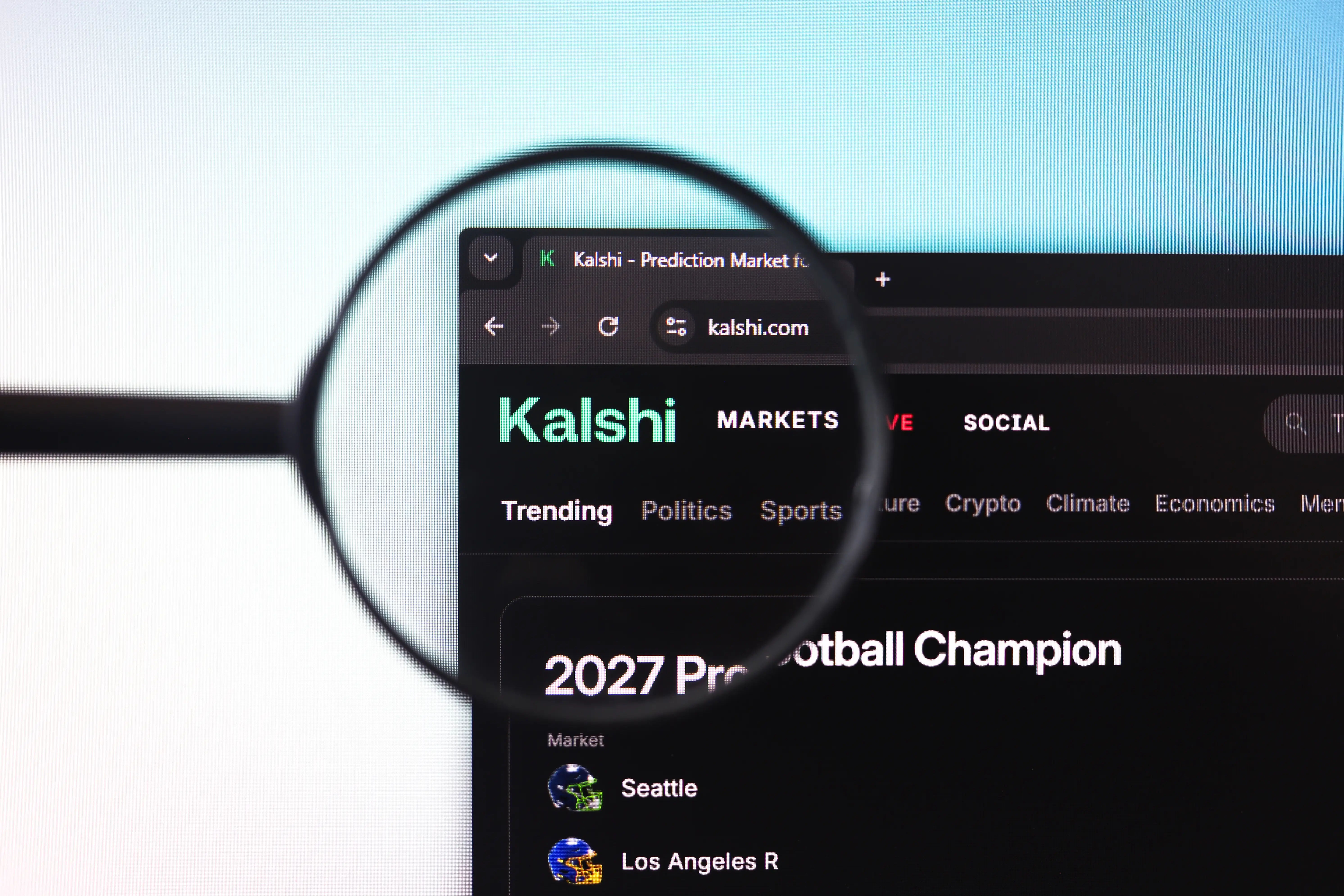Kalshi's website viewed through a magnifying glass.