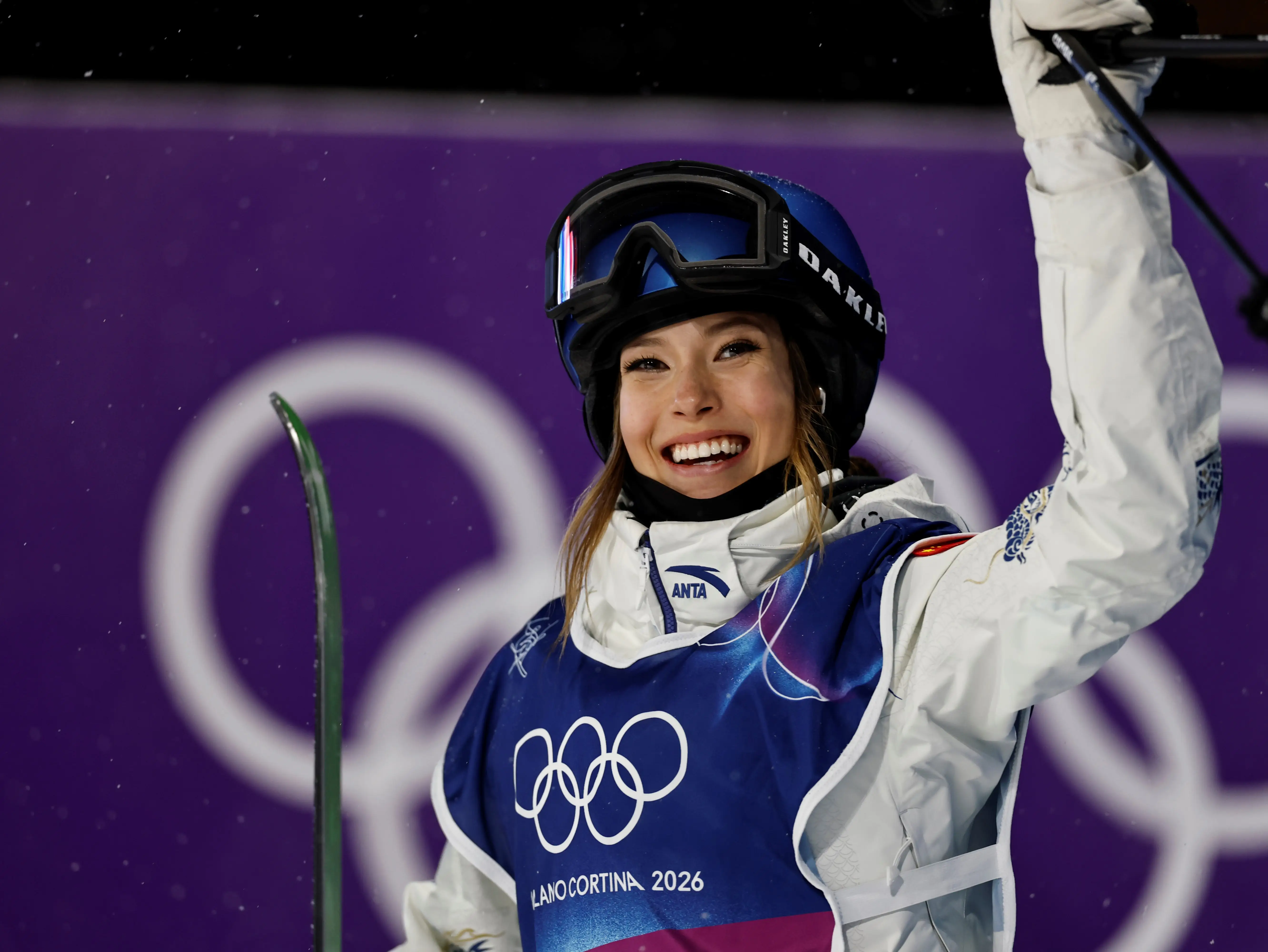 Gu Ailing of China celebrates during the freestyle skiing women's freeski big air final at the Milan-Cortina 2026 Olympic Winter Games in Livigno, Italy, Feb. 16, 2026. (Photo by Wang Peng/Xinhua via Getty Images)