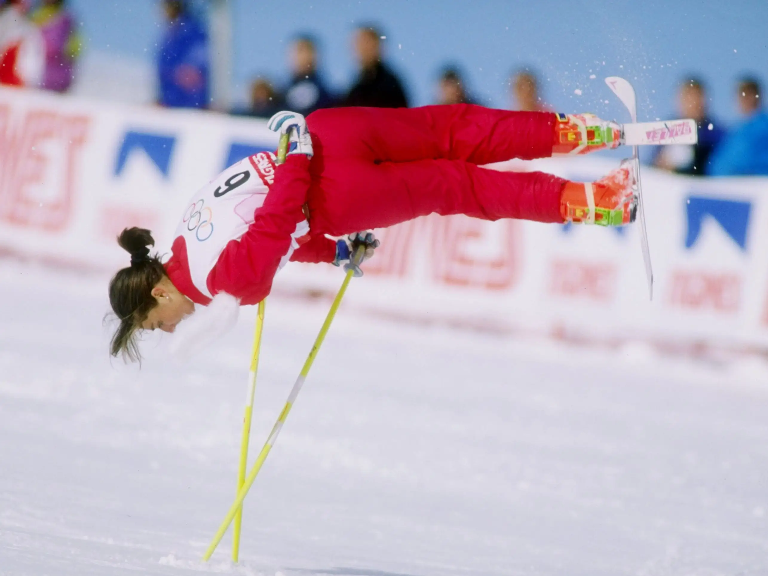 10 Feb 1992: Cathy Fechoz of France does her routine during the ski ballet competition at the Olympic Games in Albertville, France.