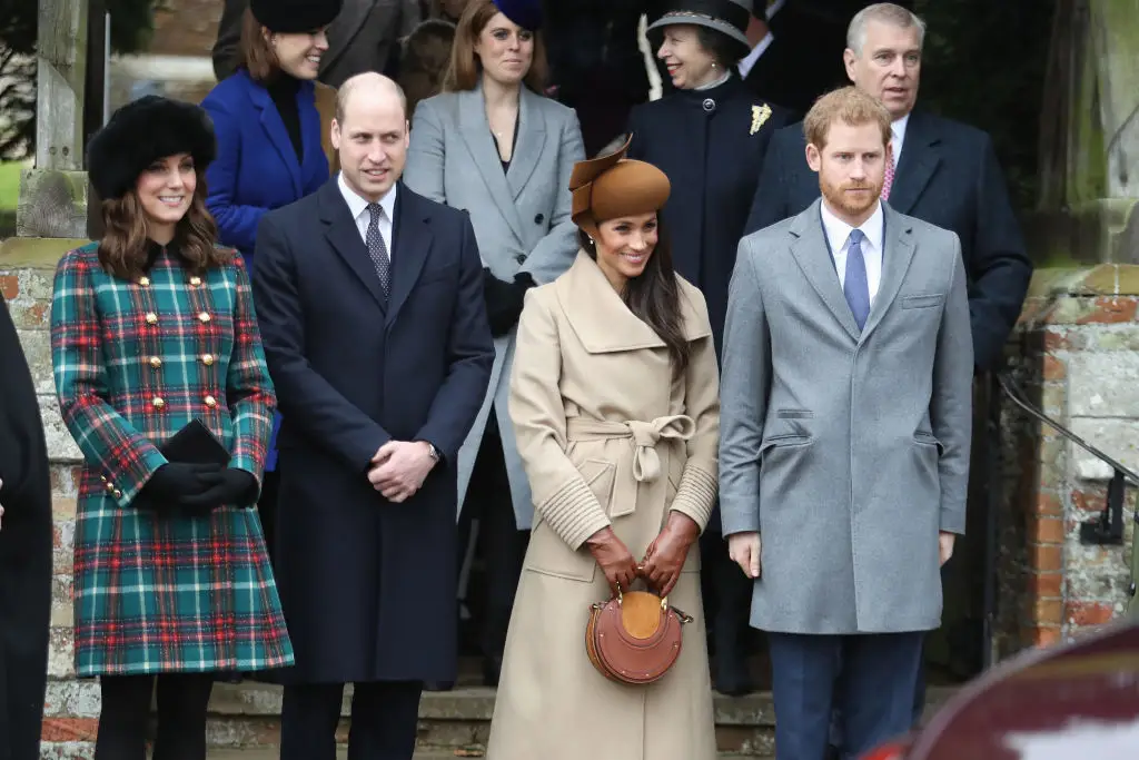 Meghan Markle (second from right), Prince Harry (right), and Andrew Mountbatten-Windsor (back row, right) with royal family members on Christmas Day in 2017.
