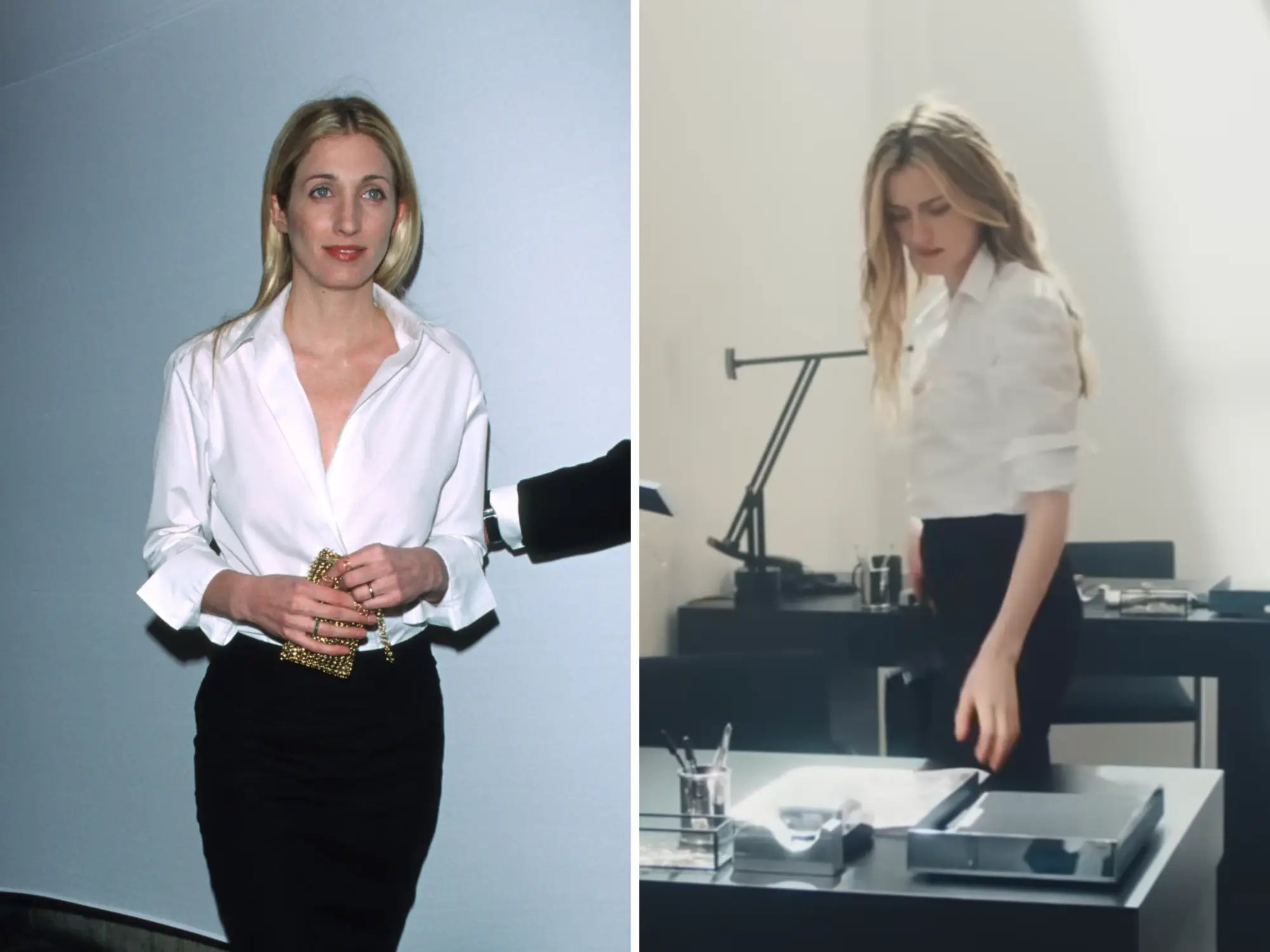 Carolyn Bessette Kennedy poses for a picture at a gala in 1999; Sarah Pidgeon in 
