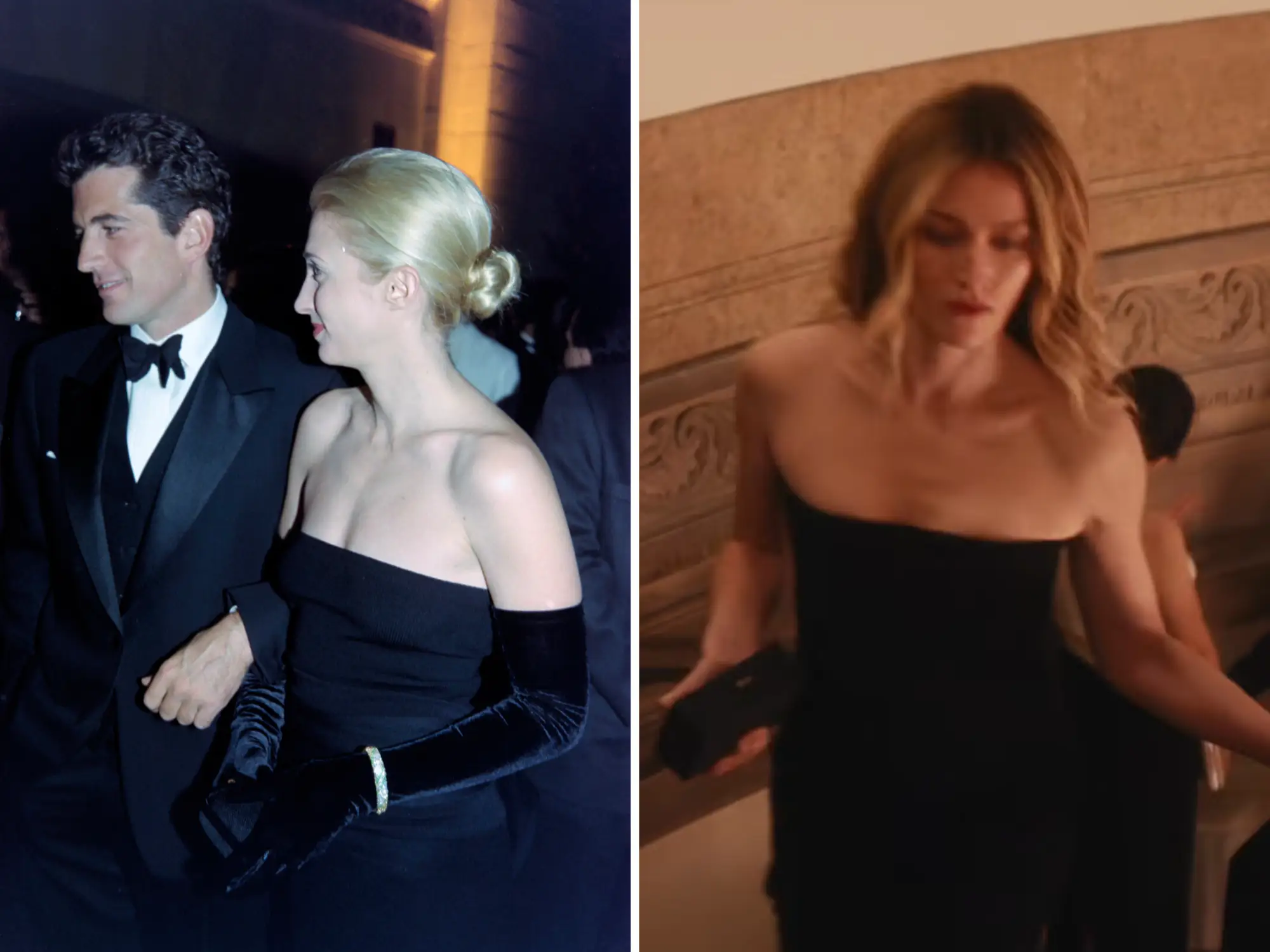 Carolyn Bessette-Kennedy and JFK Jr. in 1998; Sarah Pidgeon in 