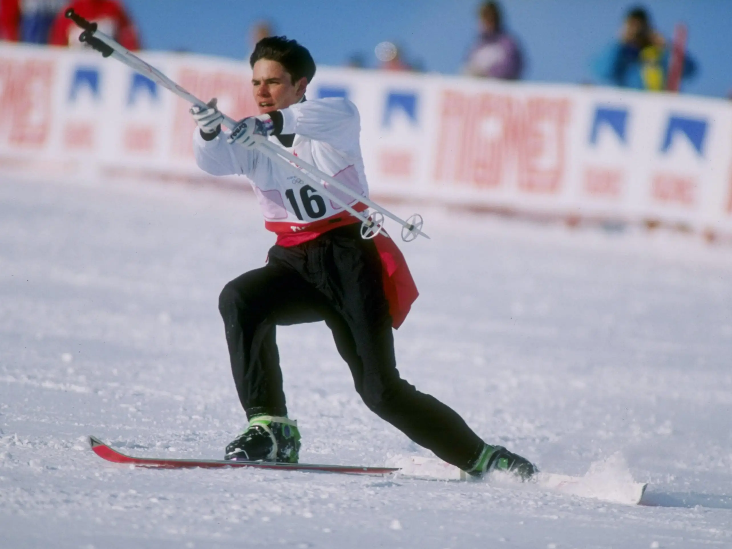 Fabrice Becker of France does his routine during the ski ballet competition at the Olympic Games in Albertville, France.