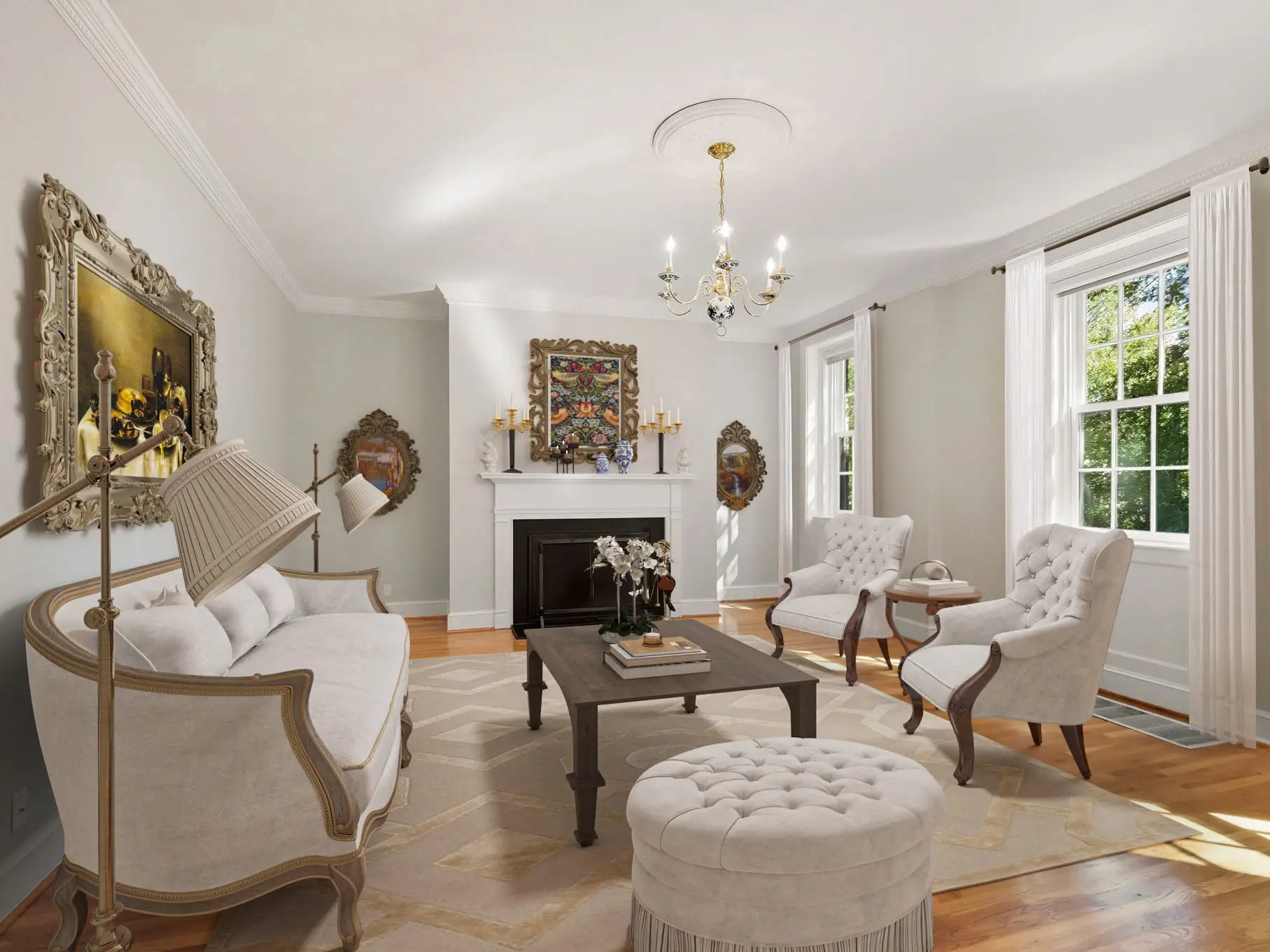 A couch, chairs and coffee table in a grey and white room with hardwood floors.