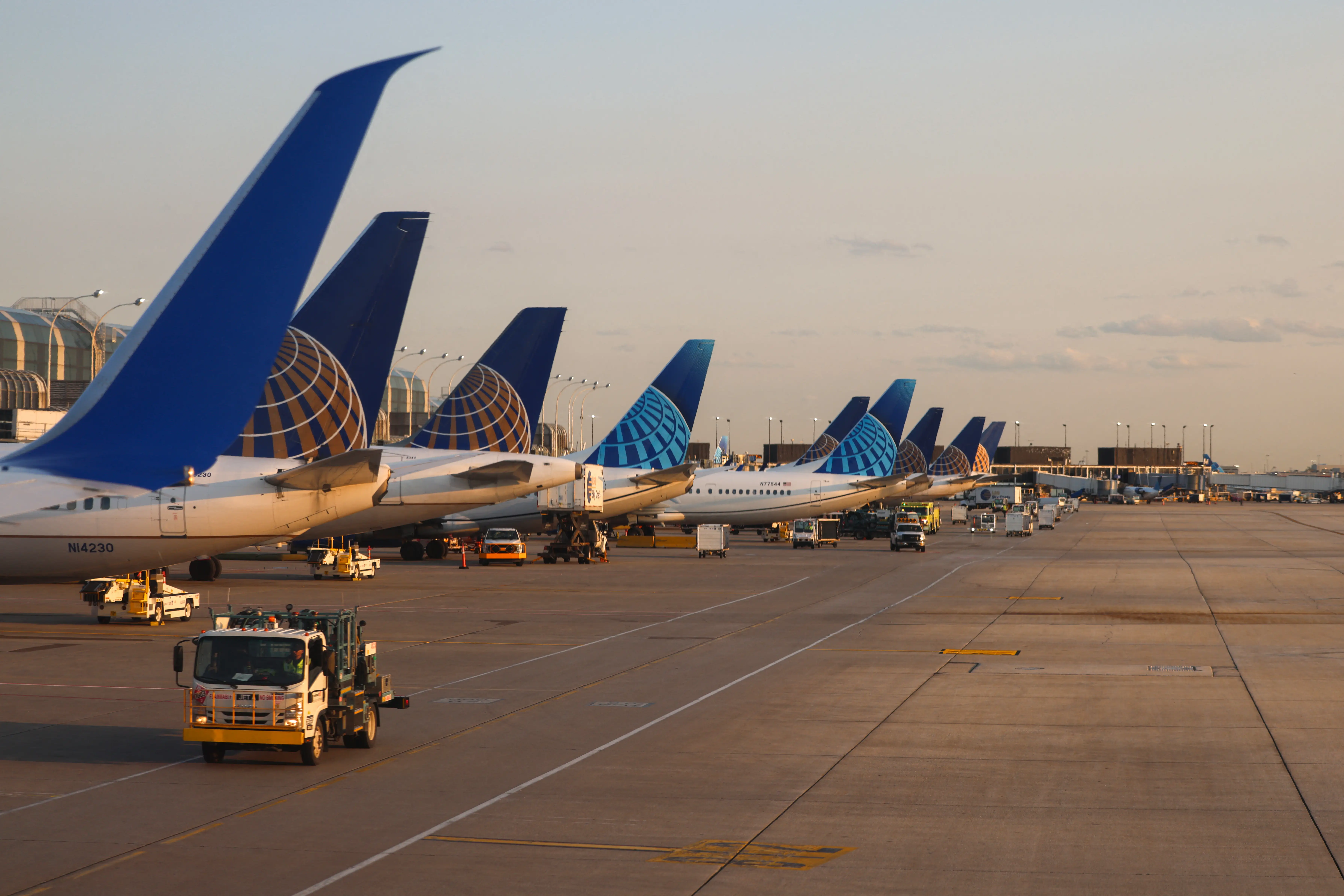 United Airlines passenger aircrafts are lined up at O'Hare International Airport in Chicago, Illinois, on May 11, 2024.