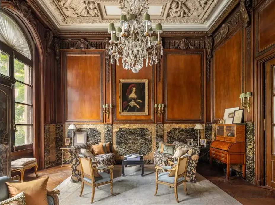 This view of the Cassini mansion's second floor library shows its wood and marble paneling and one of two windows overlooking 63rd Street.