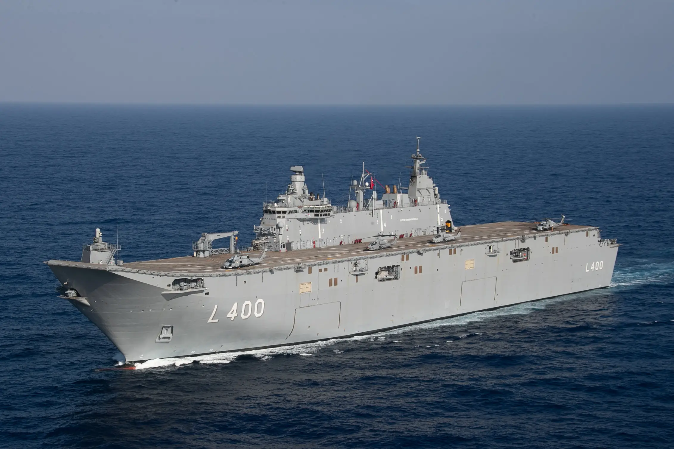 The Turkish Navy amphibious assault ship TCG Anadolu (L400) steams in the Mediterranean Sea, August 21, 2023.