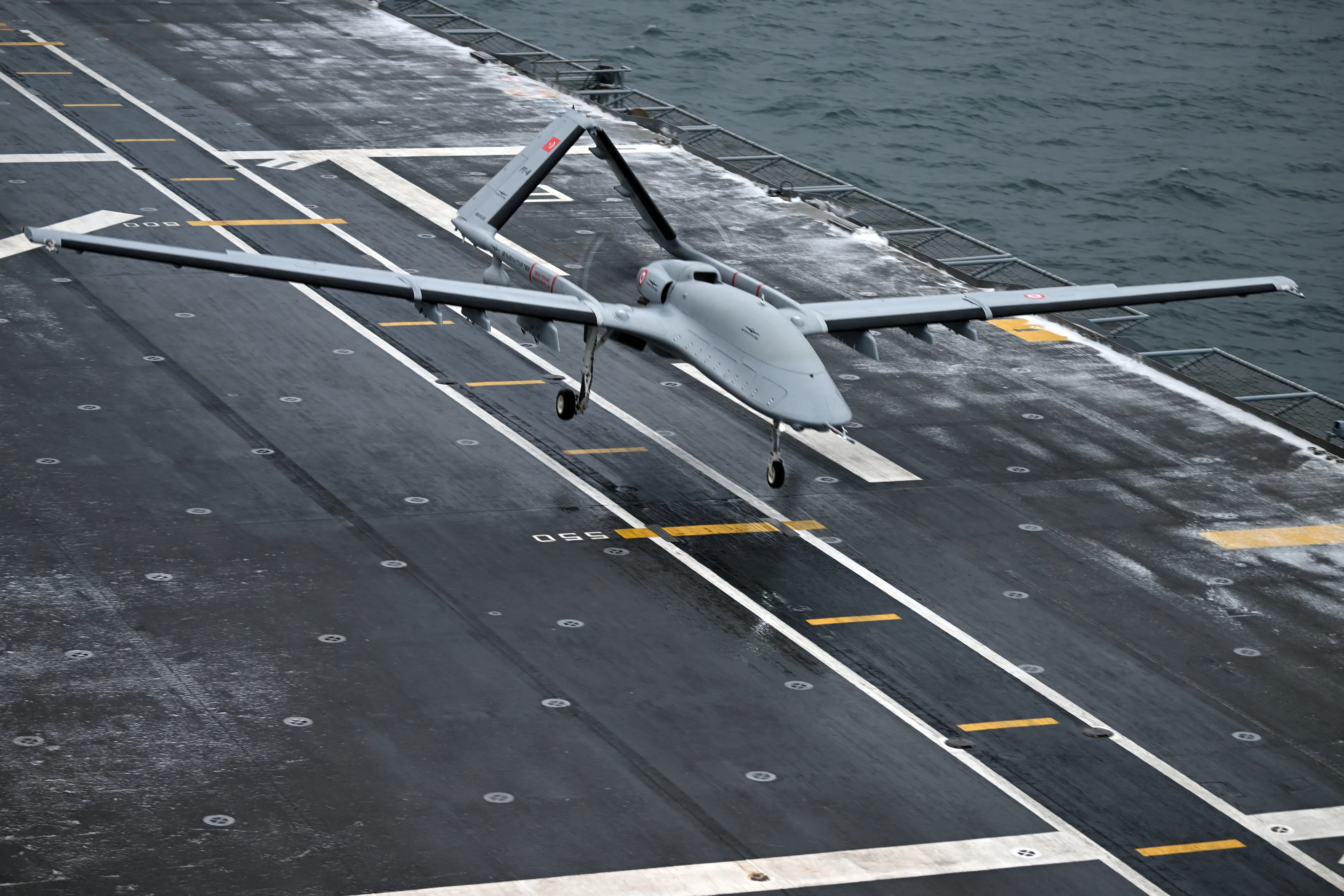 A Bayraktar TB3 drone during the NATO Steadfast Dart 2026 drill in the Baltic Sea on February 17, 2026.