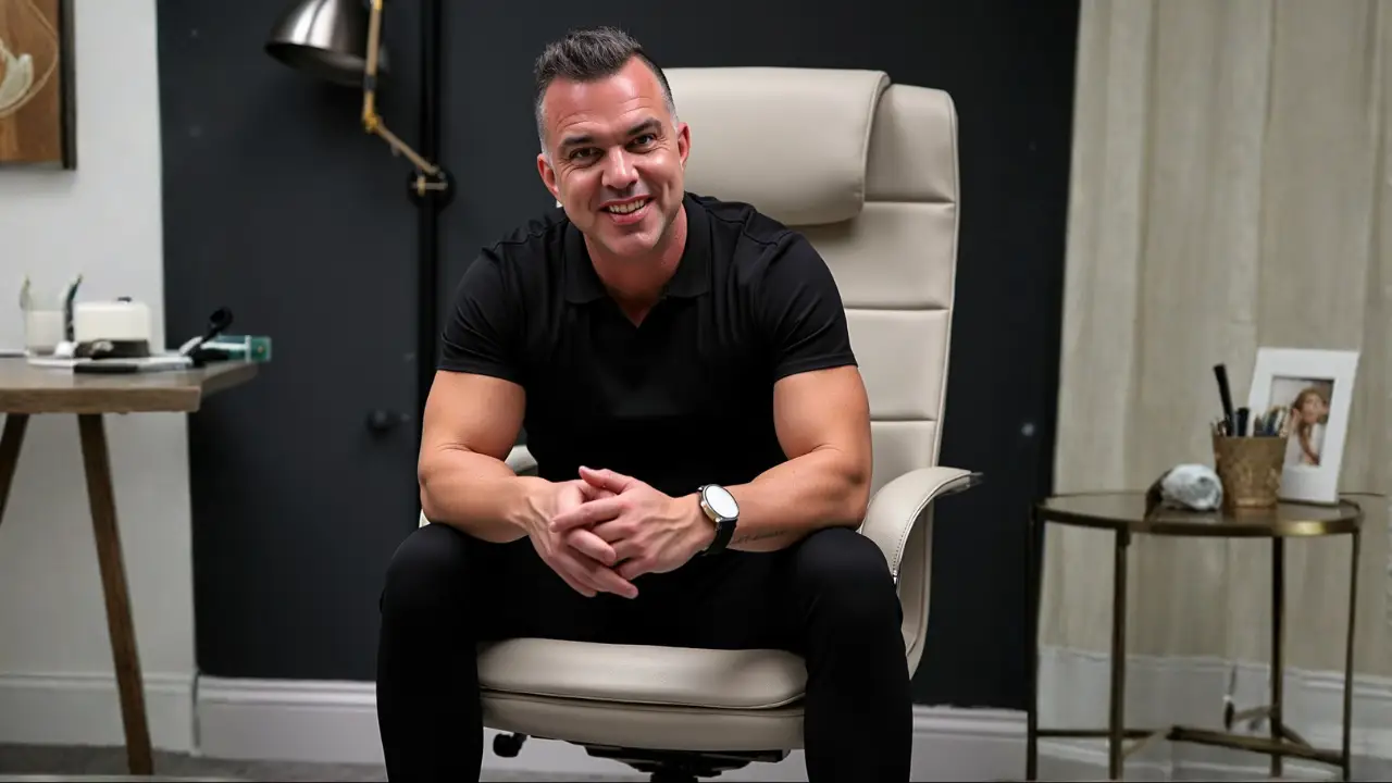 A man in all black sits in a tan desk chair, looking at the camera