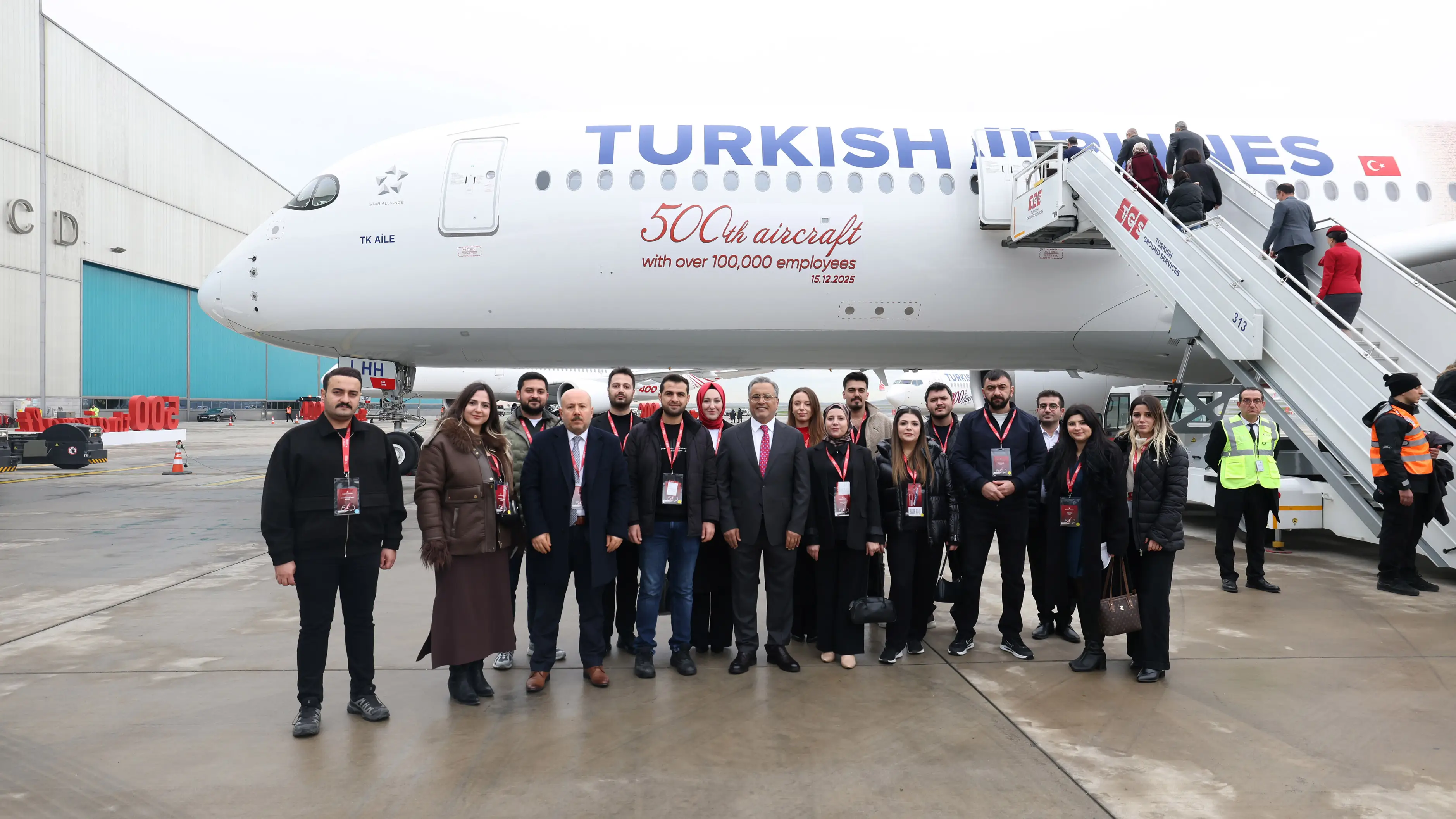 Turkish employees standing in front of the new airplane.
