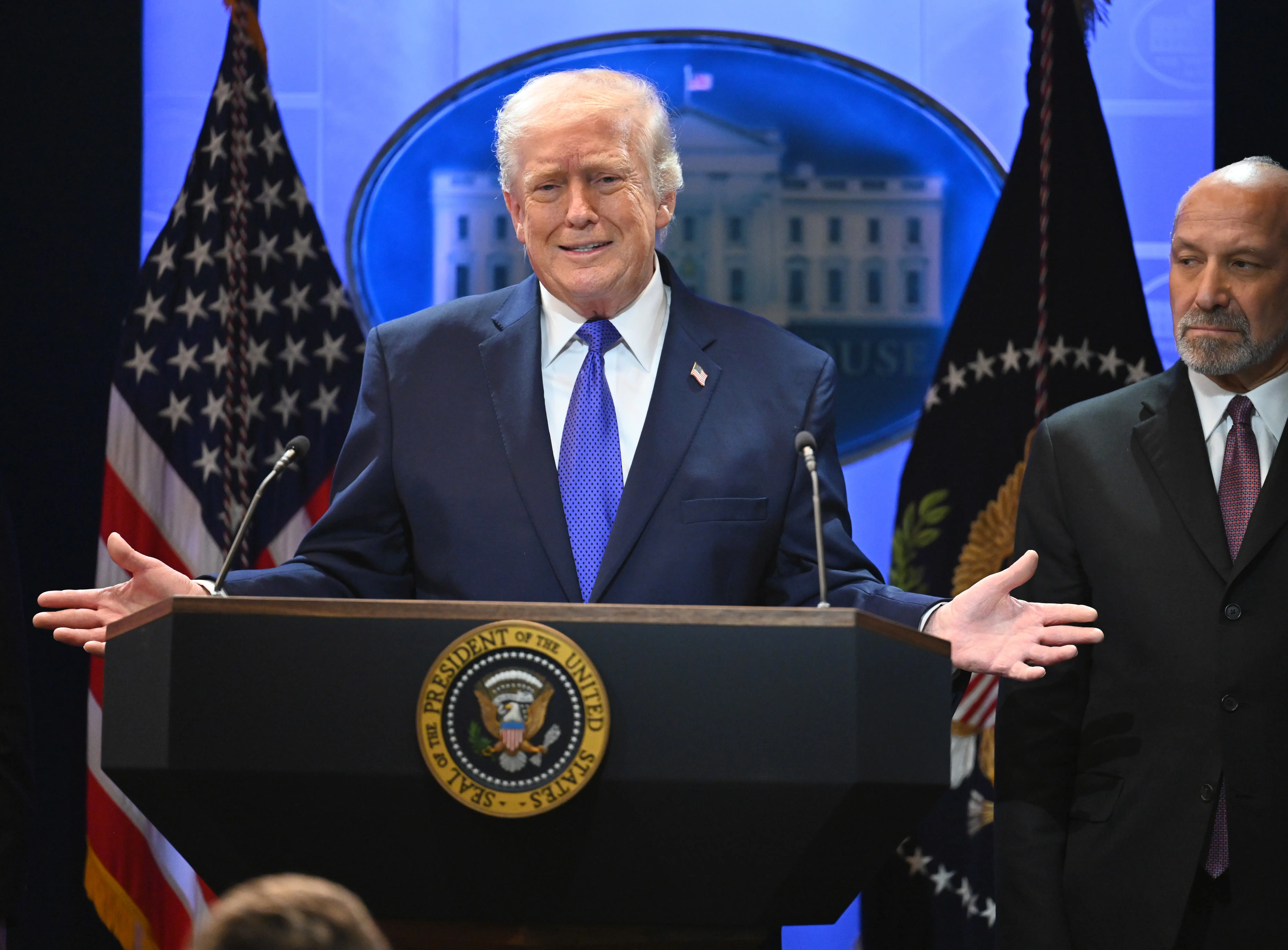 FEBRUARY 20: U.S. President Donald Trump speaks during a press briefing at the White House on February 20, 2026 in Washington, DC. The U.S. Supreme Court on February 20 ruled against Trump's use of emergency powers to implement international trade tariffs, a central portion of the administration's core economic