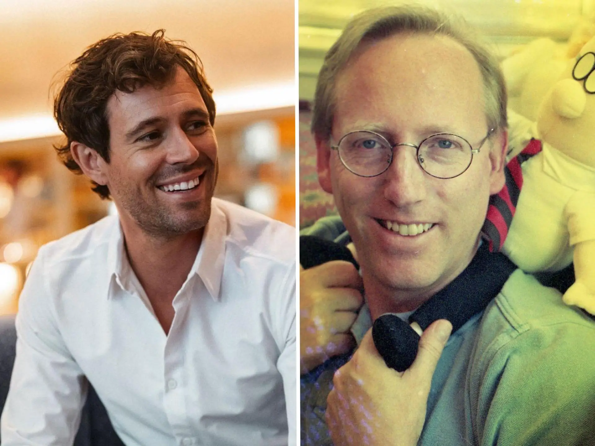 A composite photo of AI venture capitalist, John Arrow, smiling while looking right, across from Dilbert cartoonist, Scott Adams, smiling at the camera and holding a stuffed Dilbert on his shoulders.